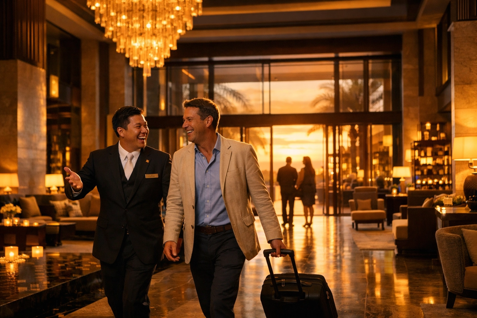 Hotel staff member engaging in a friendly, personalized interaction with a guest in a luxury lobby.