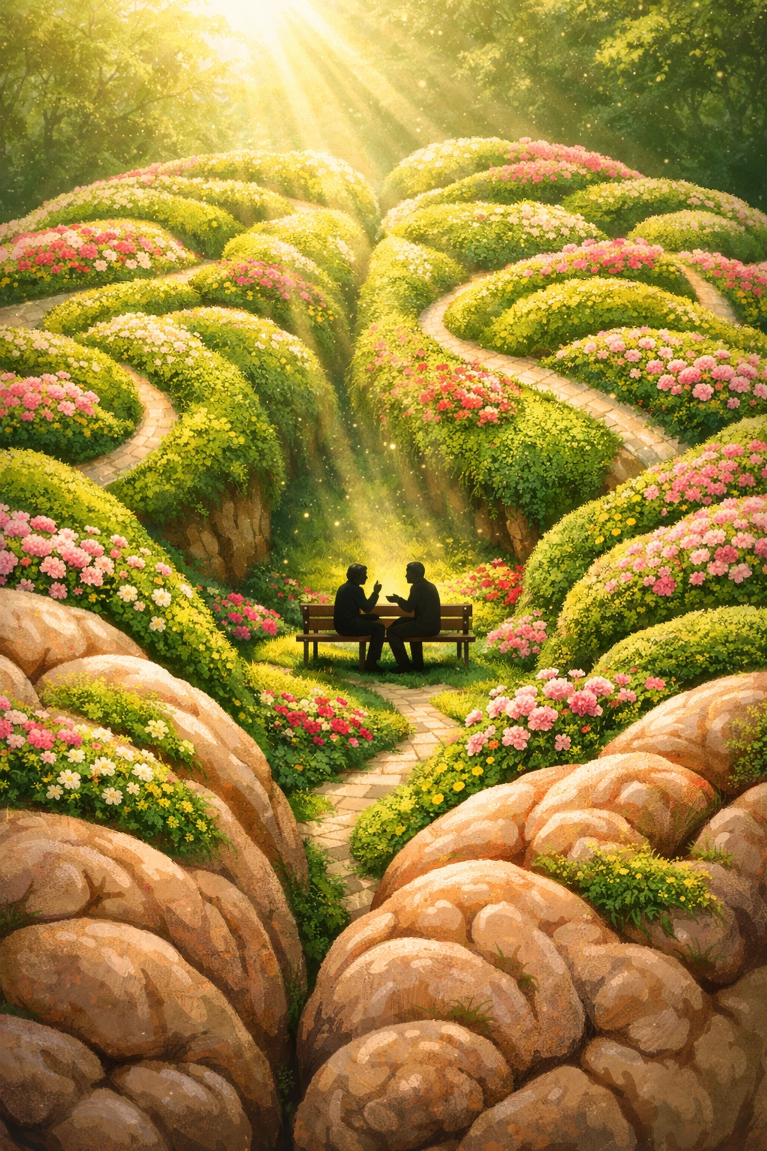 A brain depicted as a vibrant garden where social interaction promotes mental health and neural plasticity.