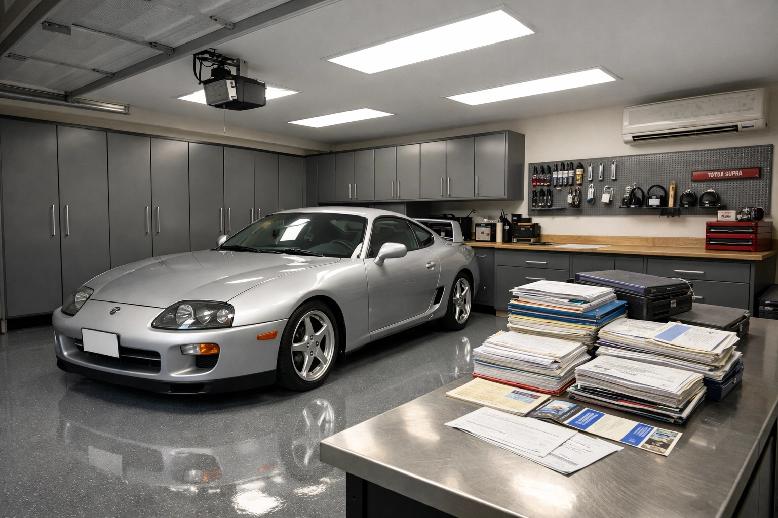 A silver Toyota Supra in a West Hartford garage with insurance documentation on a workbench.