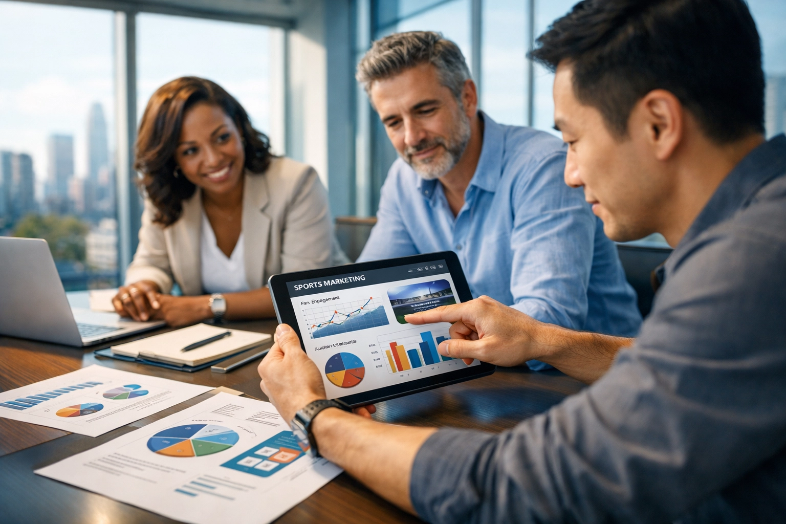 Sports marketing agency team collaborating on strategic consulting solutions and analytics