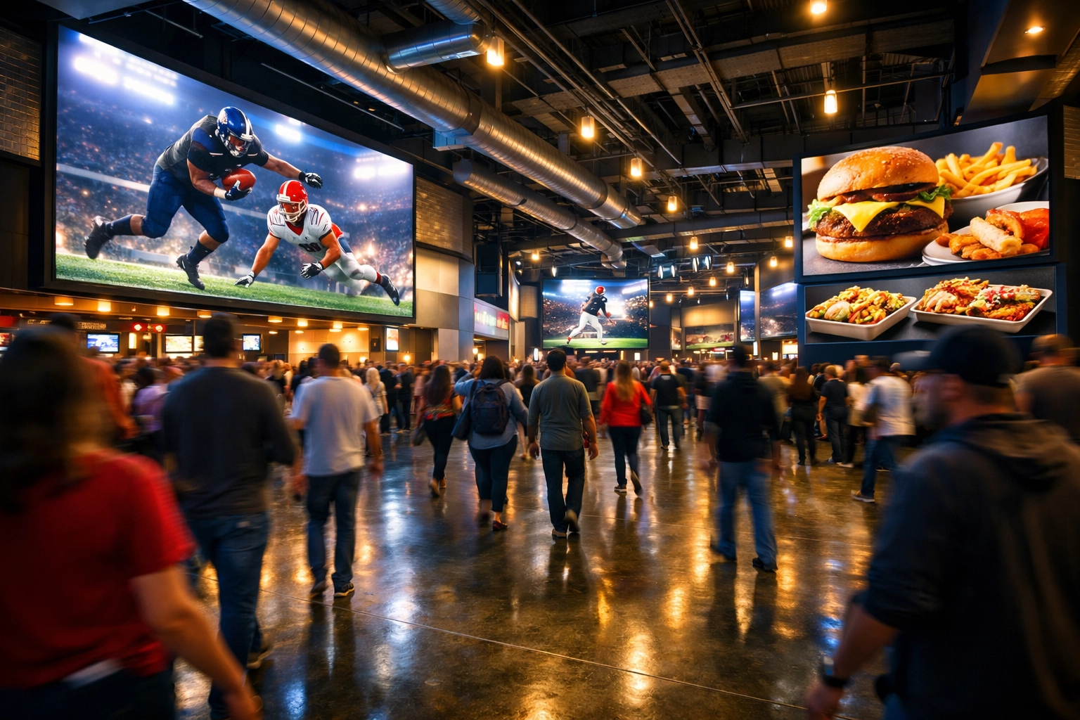 Digital signage marketing displays in a sports stadium concourse enhancing venue audience engagement and visitor flow.
