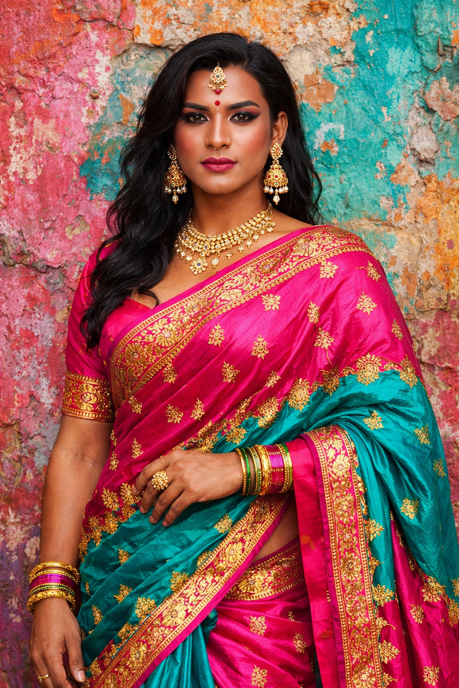 A Khwaja Sira person in a vibrant silk sari standing with pride against a colorful textured wall in Pakistan.