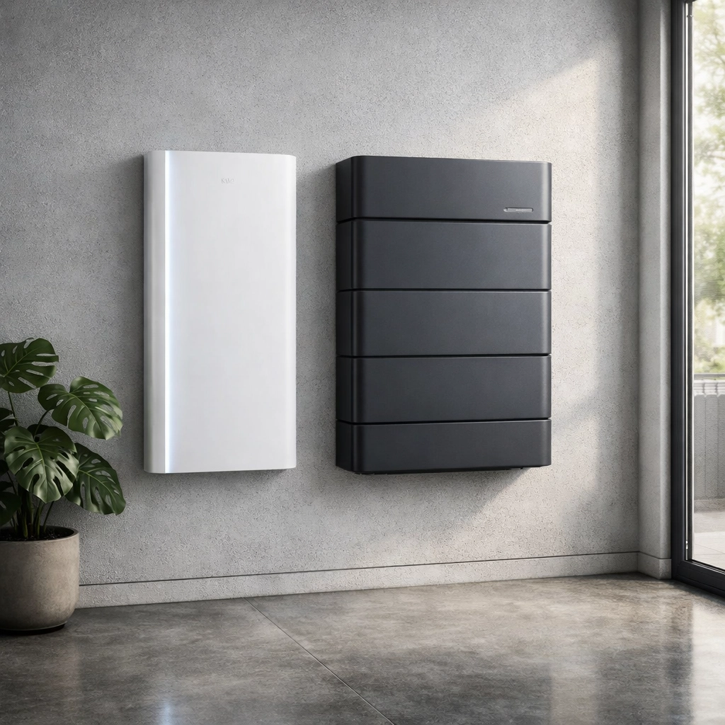 Tesla Powerwall 3 and GivEnergy home battery systems installed side-by-side in a modern utility room.