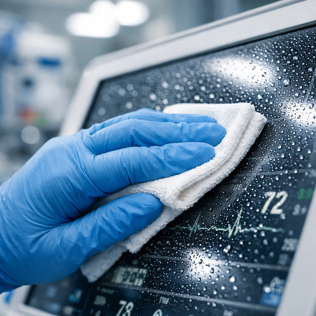 Sterile disinfection of a high-tech medical monitor using professional hospital-grade cleaning supplies in Taunton.