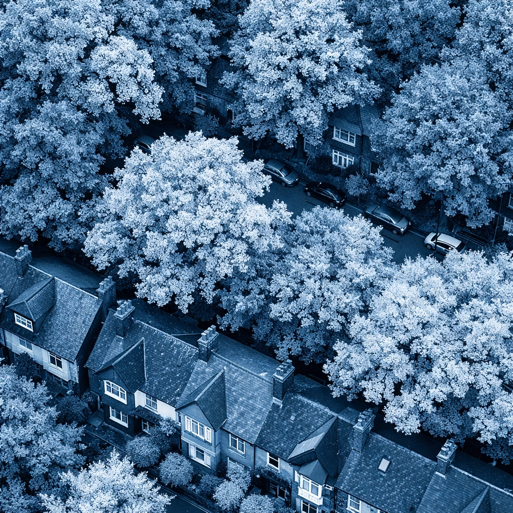 Cambridge residential street with mature oak trees overhanging house roofs and gutters