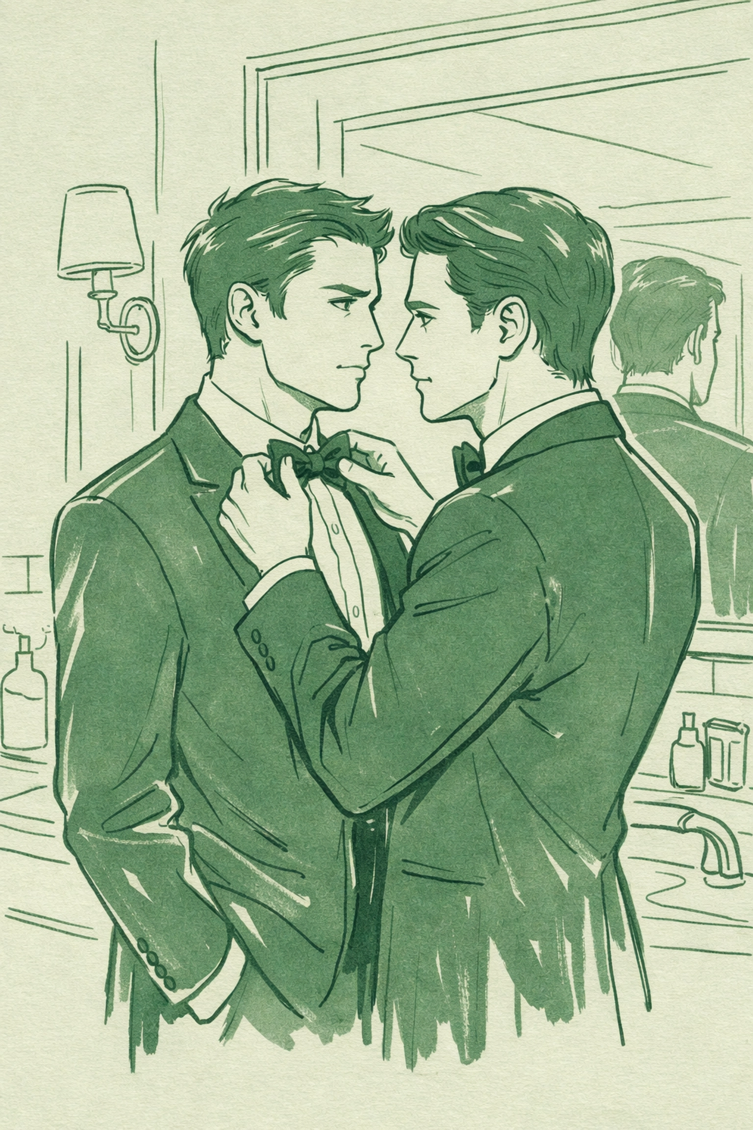 Men in tuxedos in elegant restroom depicting high-stakes MM romance encounter