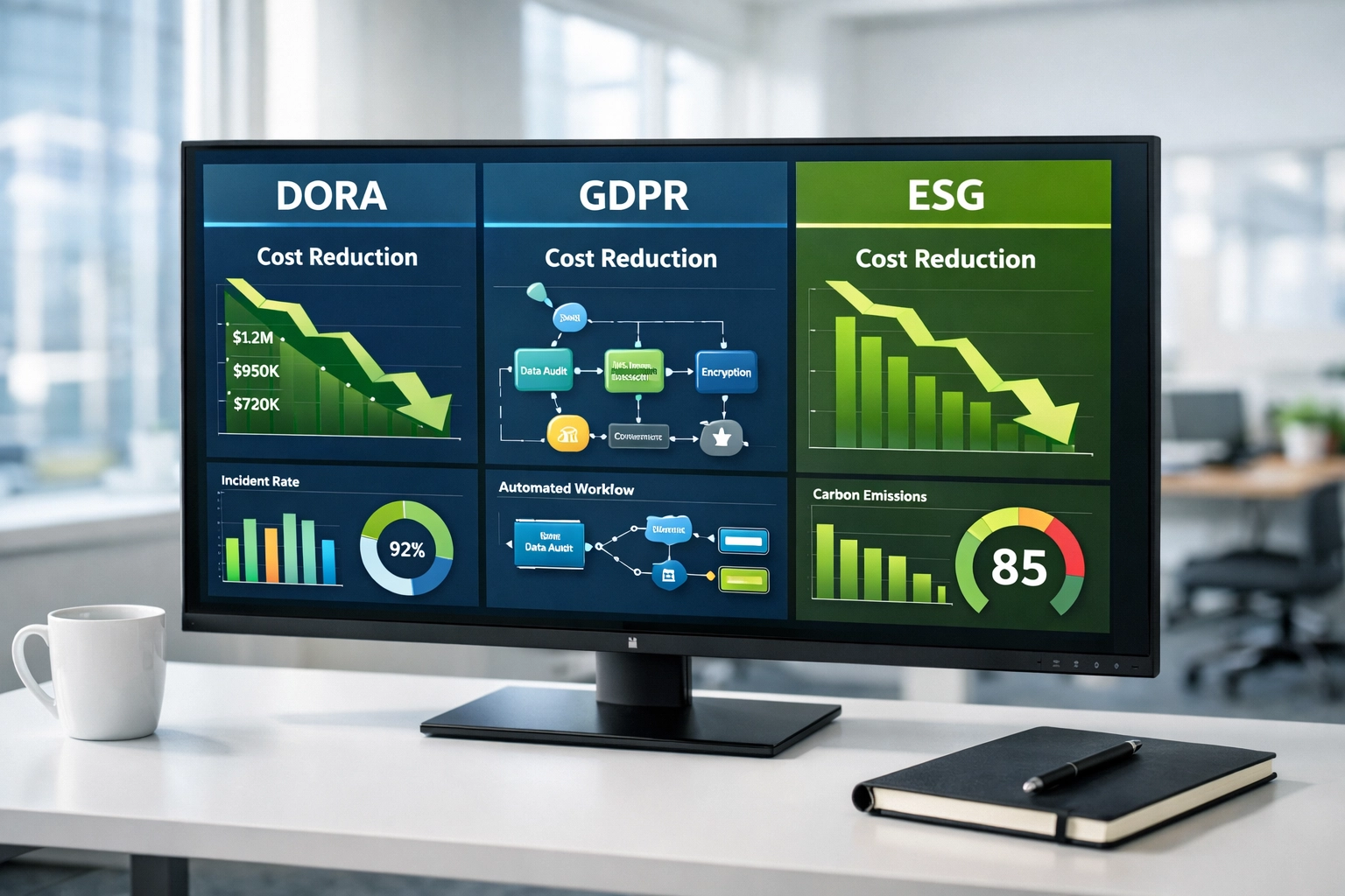ServiceNow dashboard showing DORA GDPR ESG compliance cost reductions with automated workflows