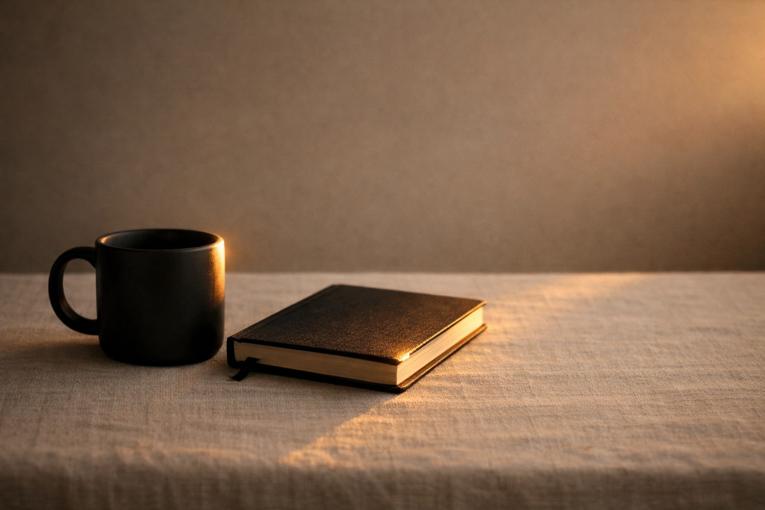 A journal and coffee mug on a desk reflecting a weekly review ritual for better priority management.