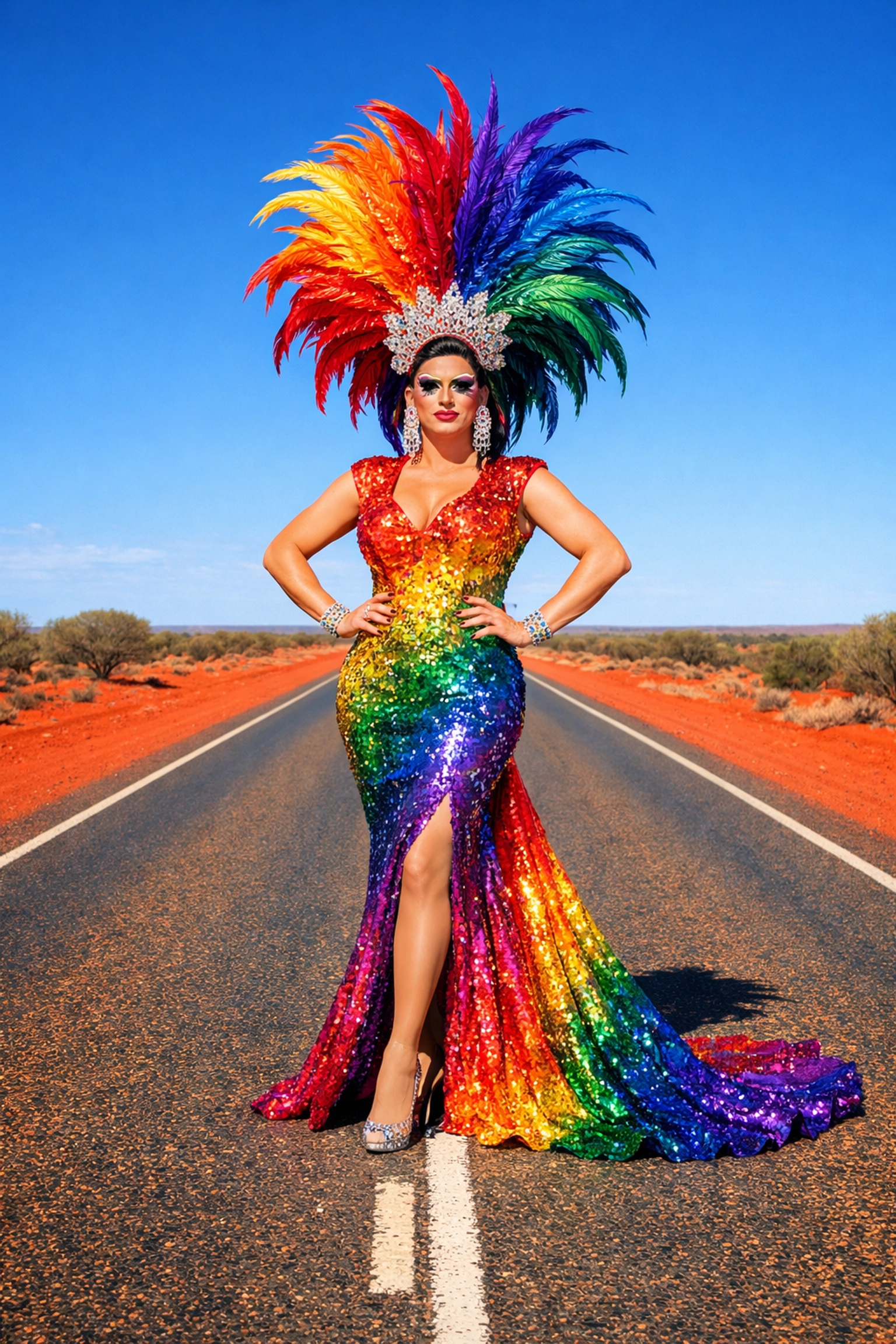 A drag queen in a rainbow gown on a remote Outback road, symbolizing LGBTQ+ pride and queer joy in rural Australia.