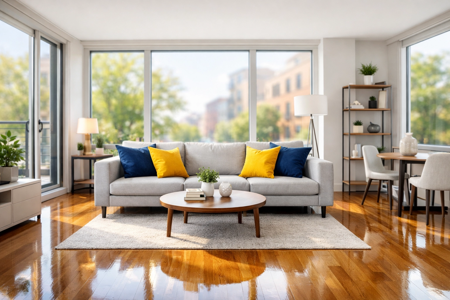 A clean, sunlit apartment living room in Leominster MA showing the results of eco-friendly house cleaning services.