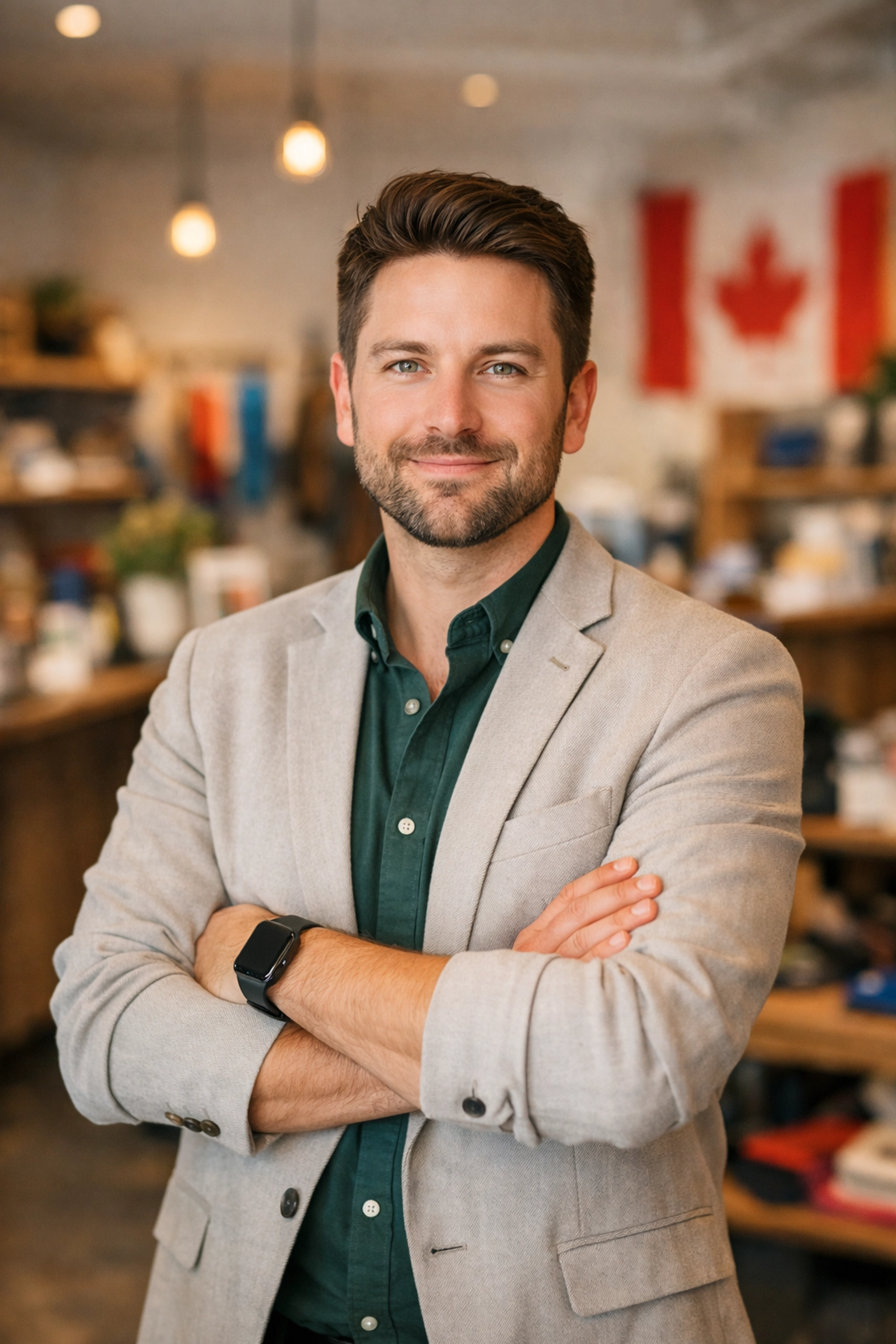 Confident Canadian entrepreneur standing in their small business after securing working capital funding