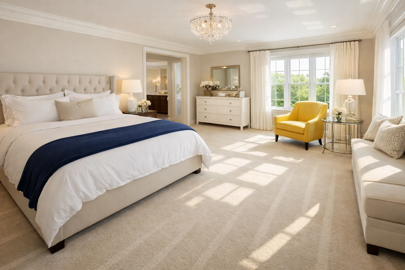 A perfectly tidy luxury master bedroom showing the results of professional residential cleaning Massachusetts.