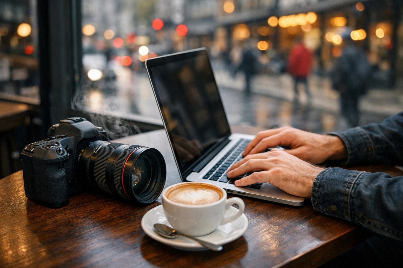 A freelance photographer using a laptop to manage project bids and business administrative tasks.