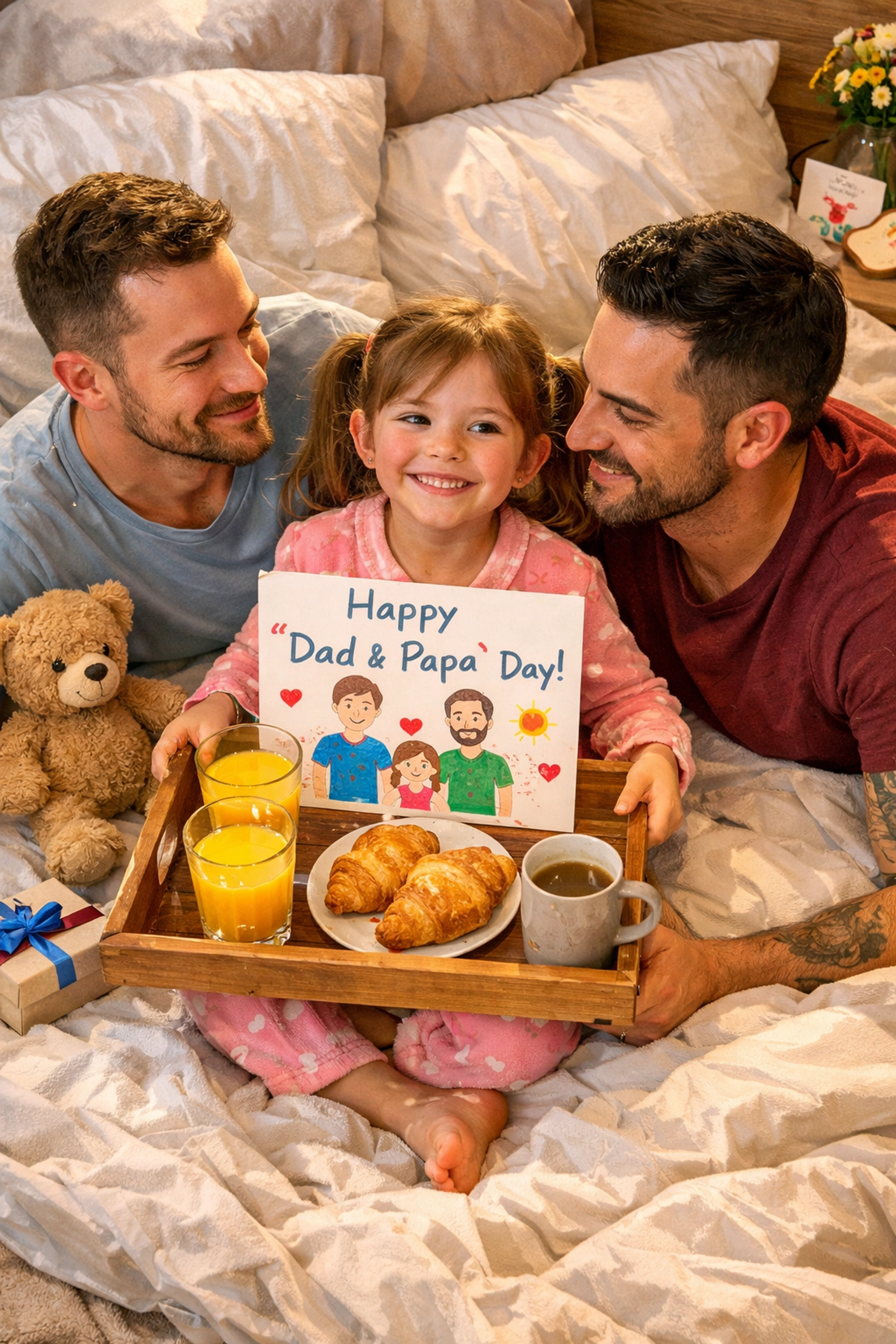 Two gay fathers and their young daughter enjoying breakfast in bed during a family celebration.