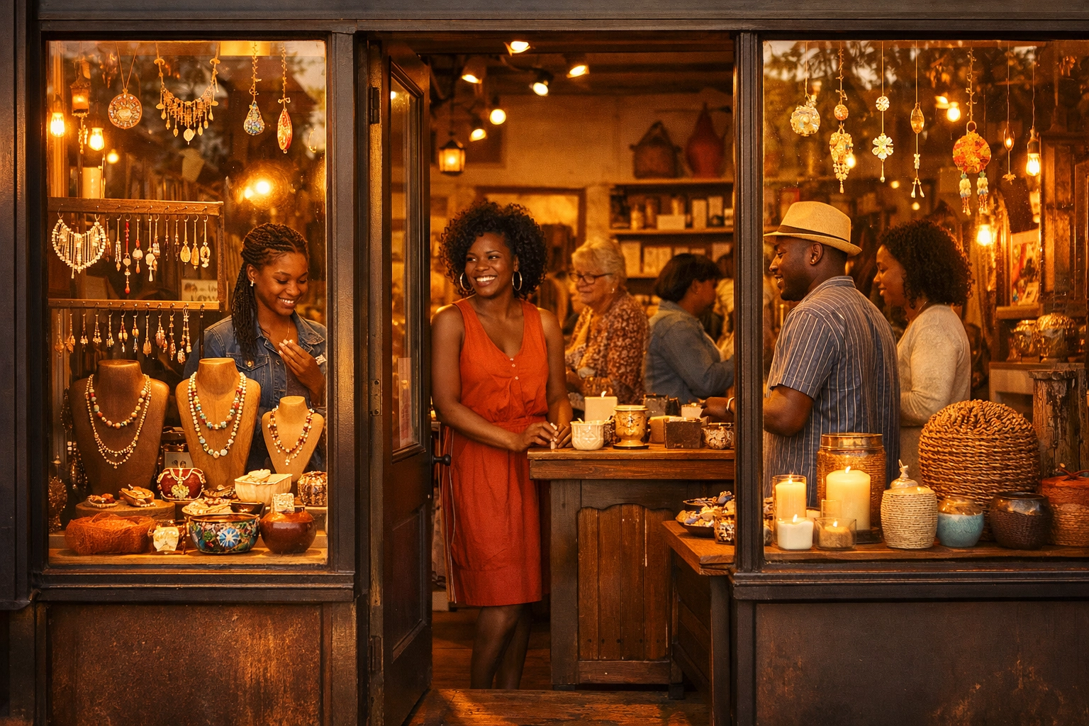 Stop Scrolling, Start Supporting: 7 Ways Today's Black History Icon Inspires Your Buyblack Journey Black-owned boutique storefront with customers shopping for handmade jewelry and artisan goods