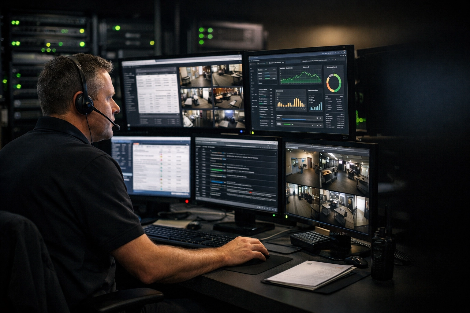 Hotel operations center in Omaha with IT professional monitoring network and security systems