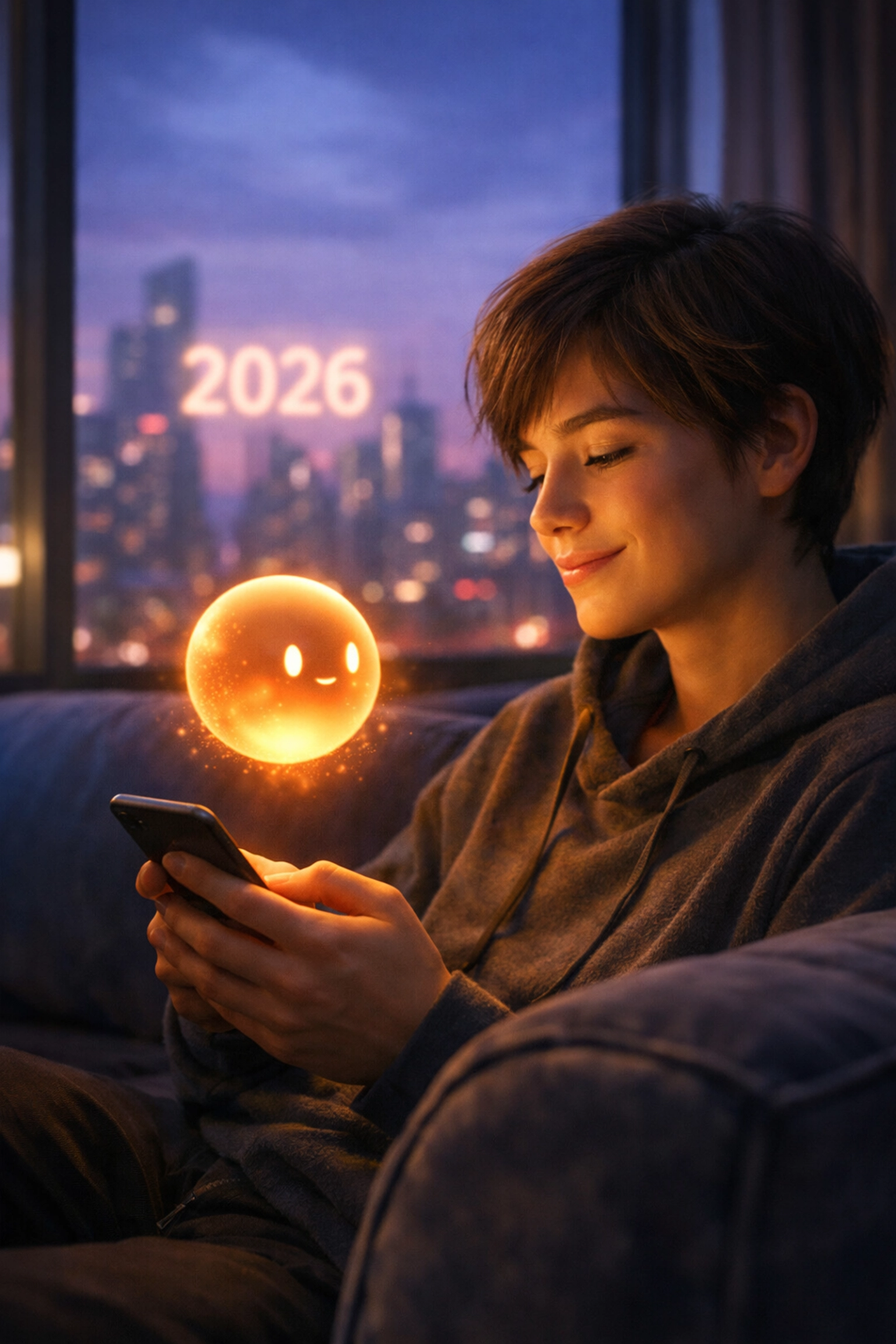 A person interacting with a glowing AI therapy companion on a smartphone for mental health support.