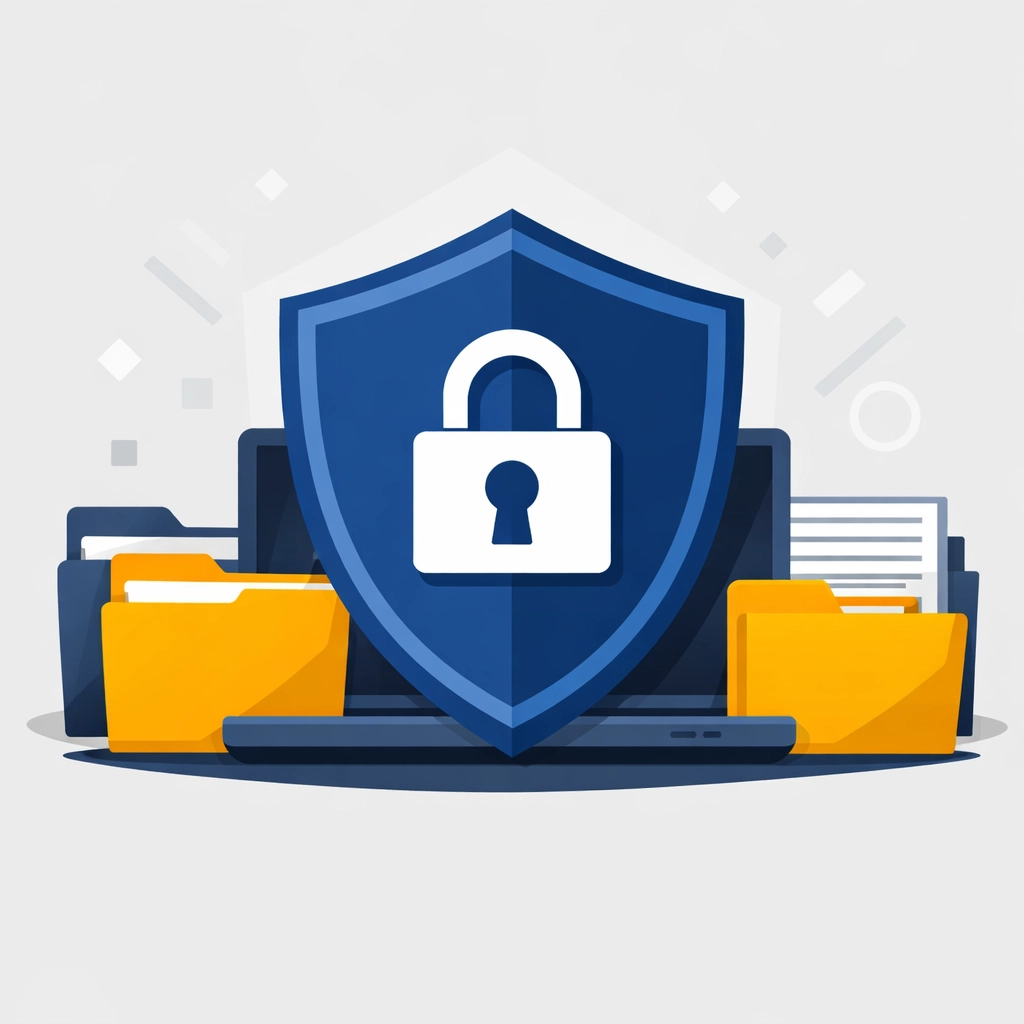 Secure tax filing illustration with a shield protecting digital financial data and identity.
