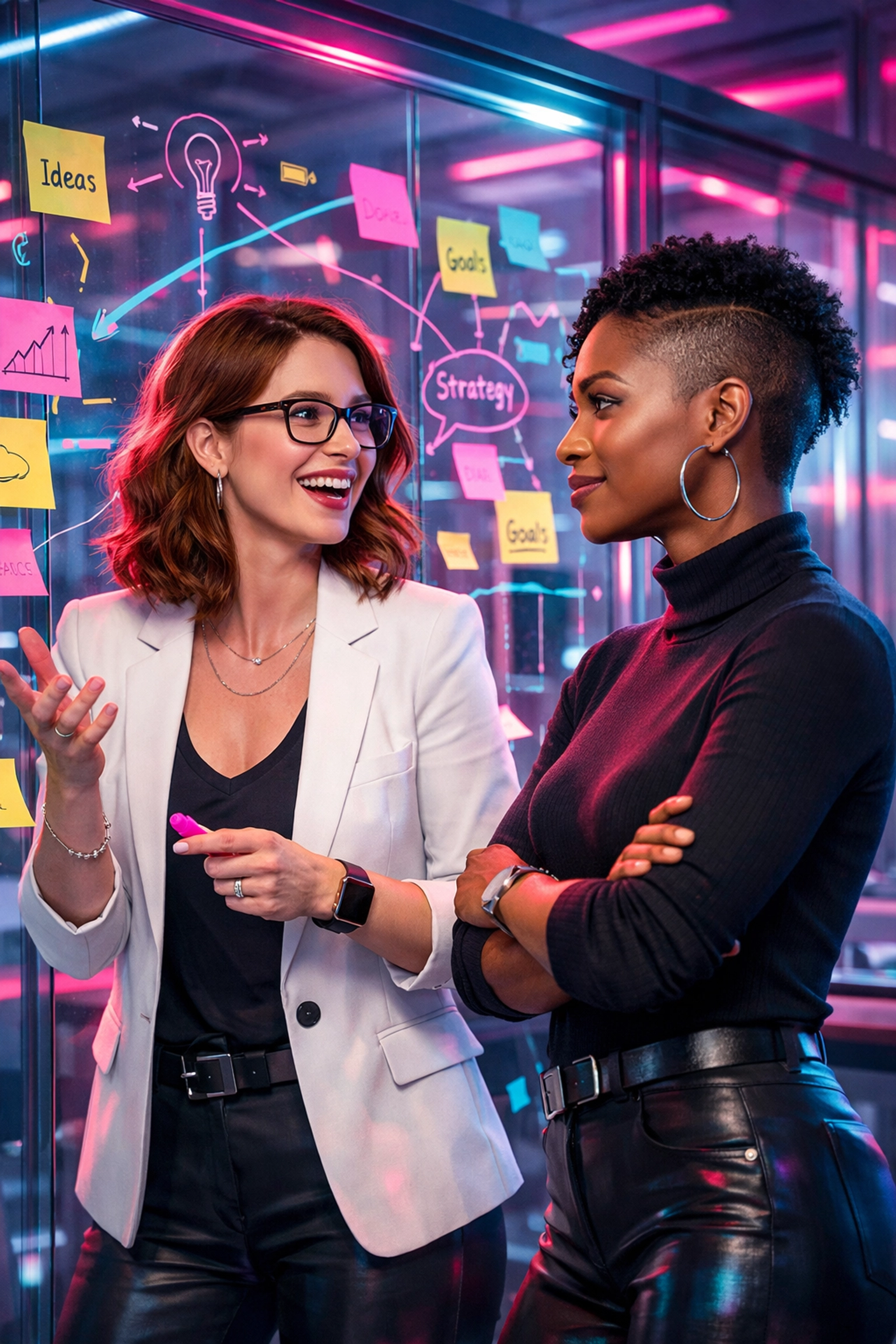 Diverse lesbian leaders collaborating to drive innovation through intersectional professional strategies.