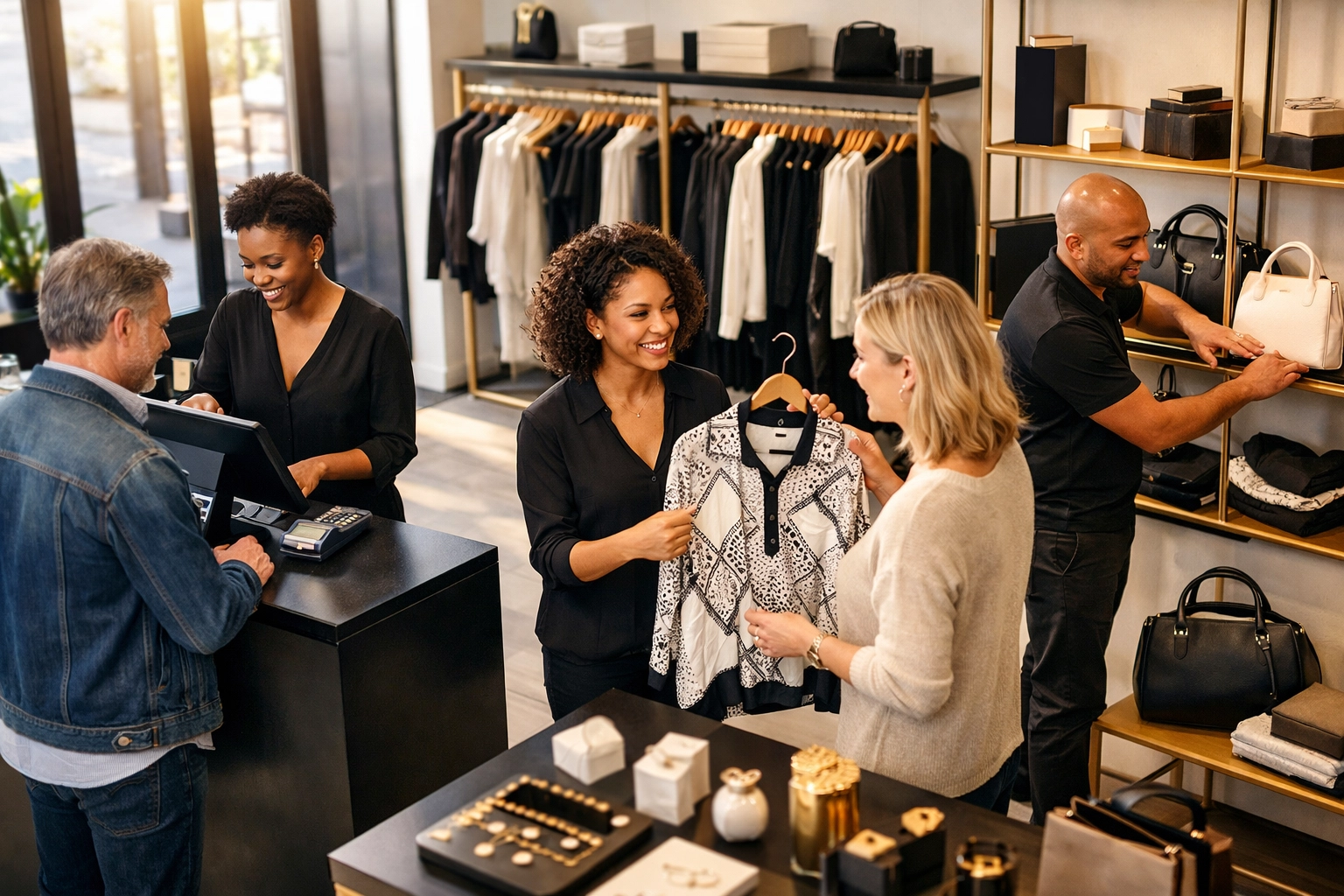 Retail team serving customers efficiently in well-staffed South African boutique store