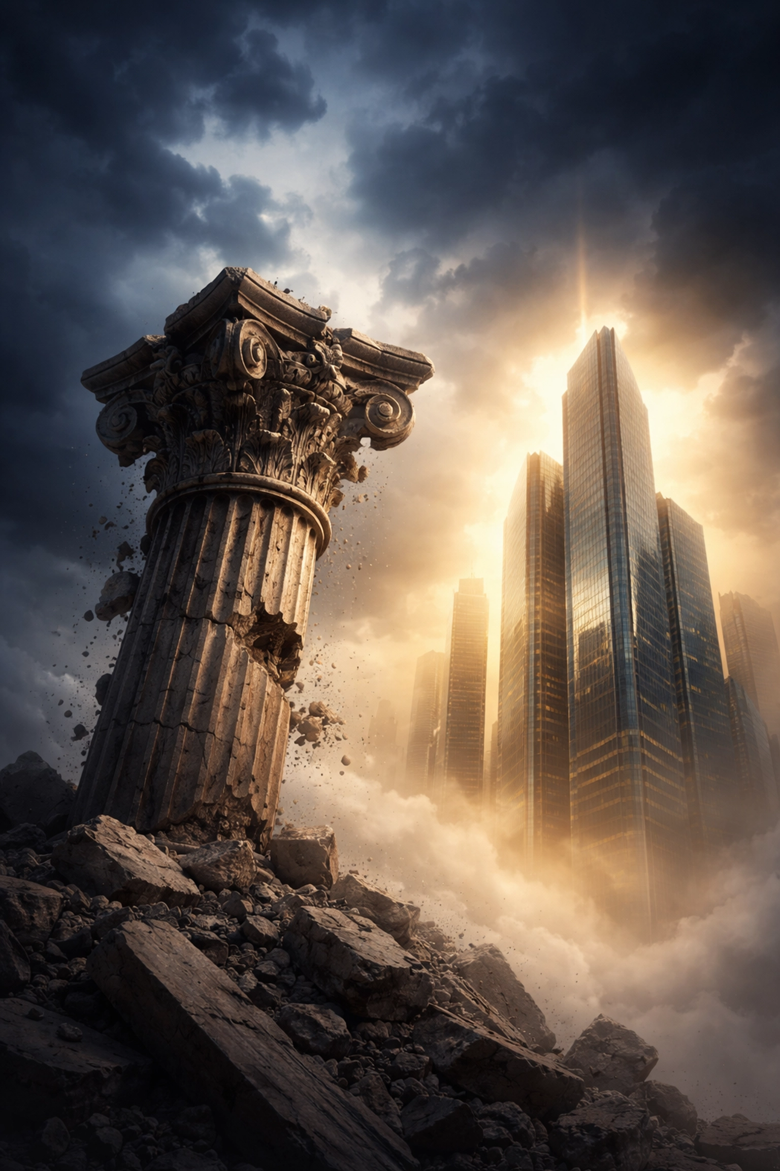 Illustration of a crumbling column beside a modern glass building, symbolizing the shift from the 60/40 to the 40/30/30 portfolio model for accredited investors.