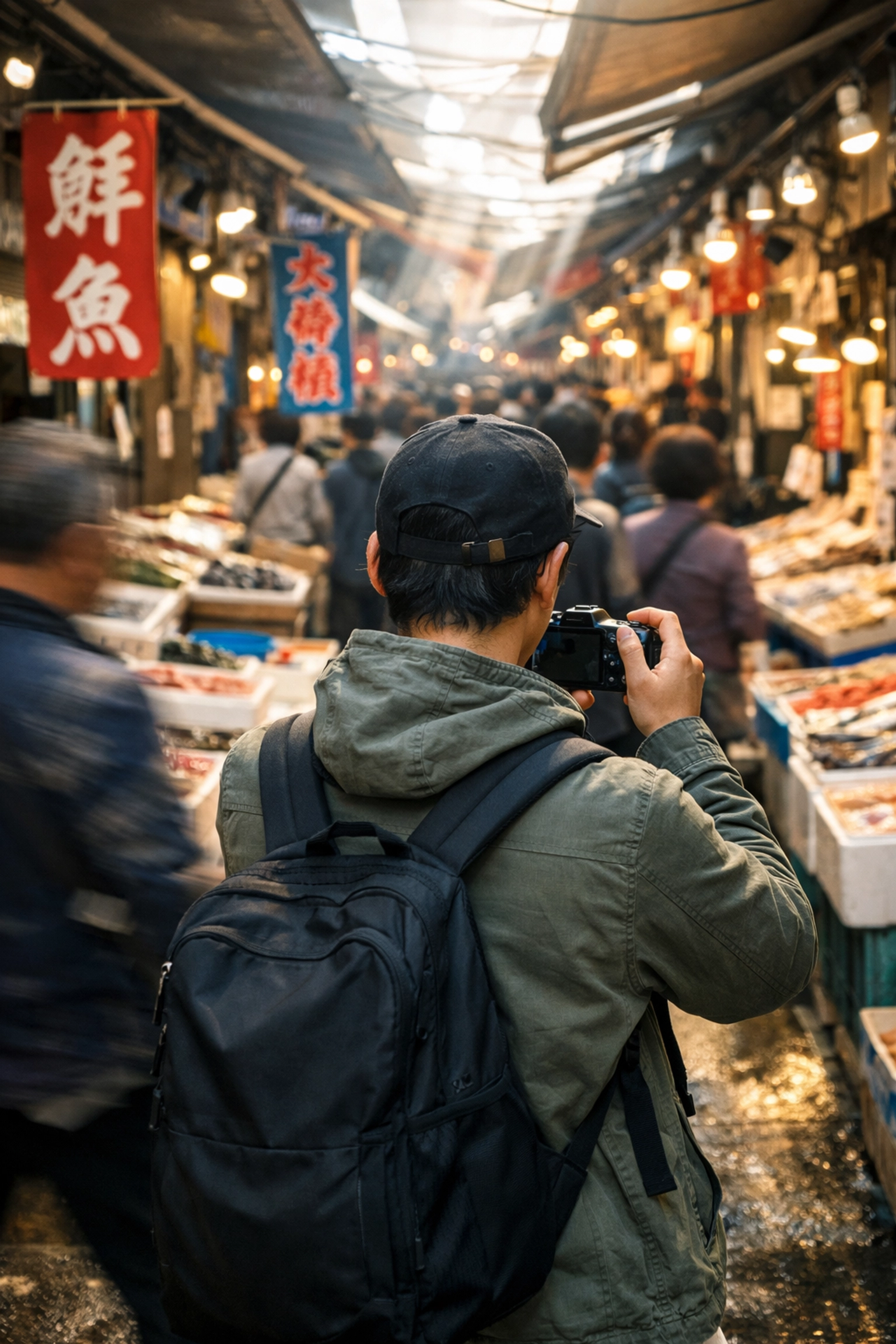 Travel photographer with a mirrorless camera exploring the vibrant seafood stalls at Tsukiji Outer Market.