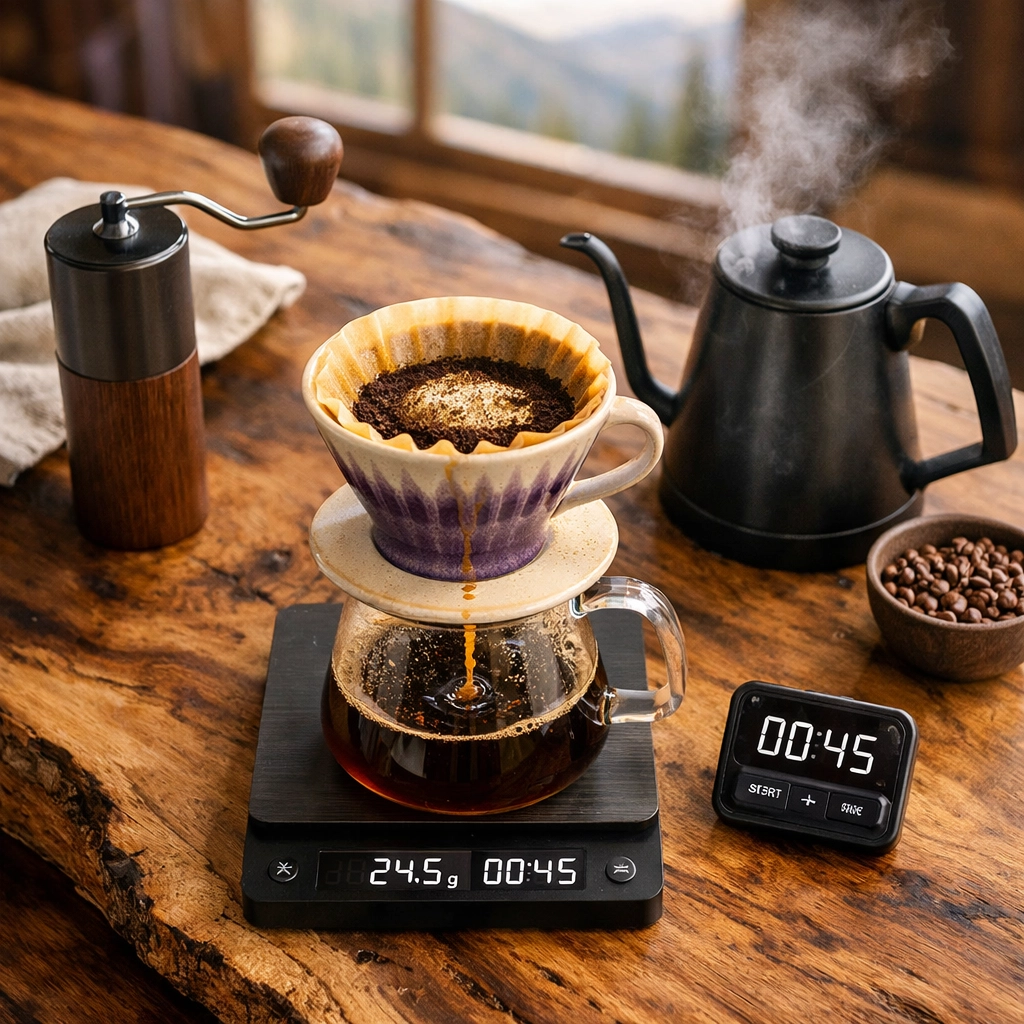 Complete pour-over coffee brewing setup with fresh roasted beans and brewing equipment