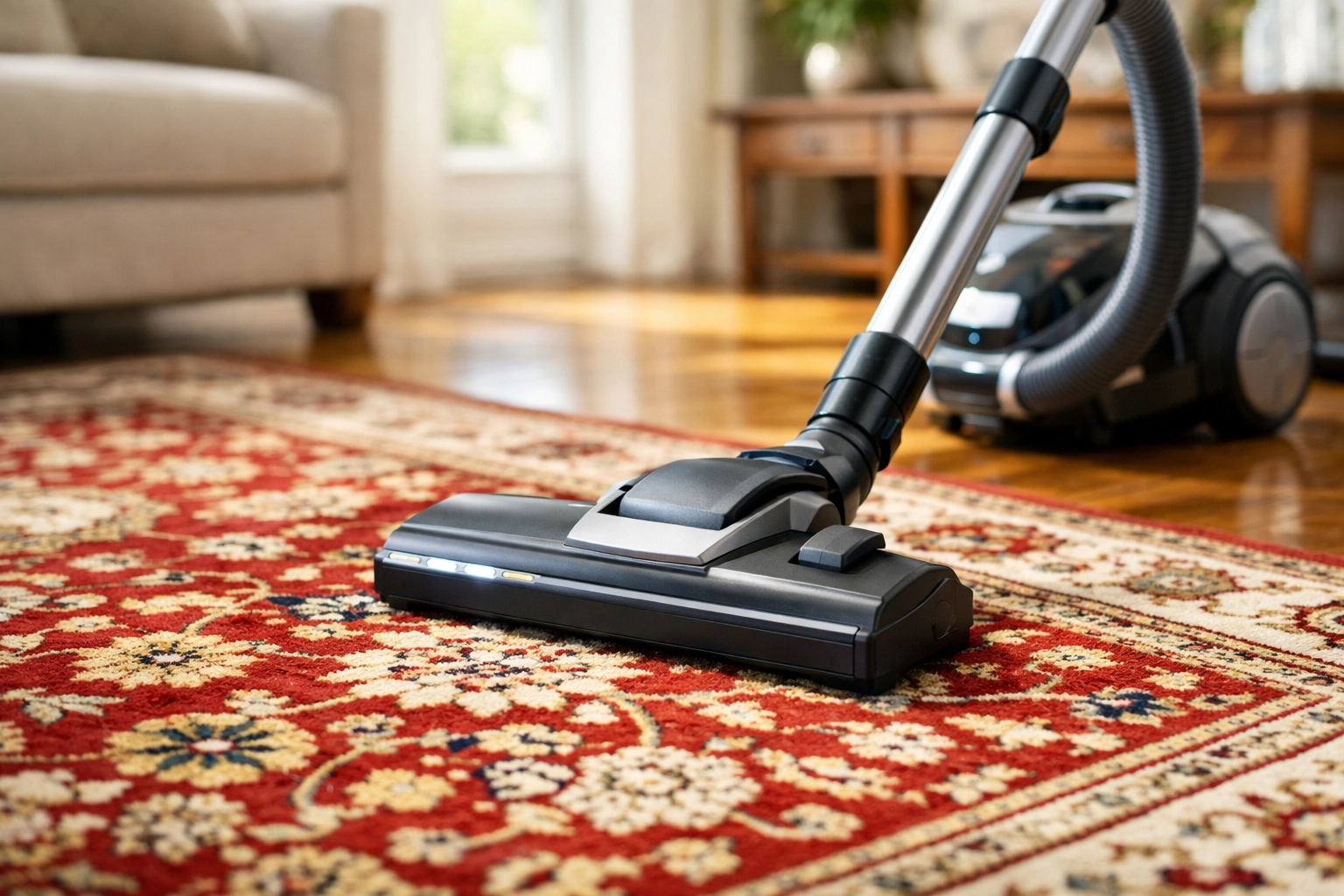Vacuuming a Persian rug to illustrate home maintenance vs professional oriental rug cleaning services.