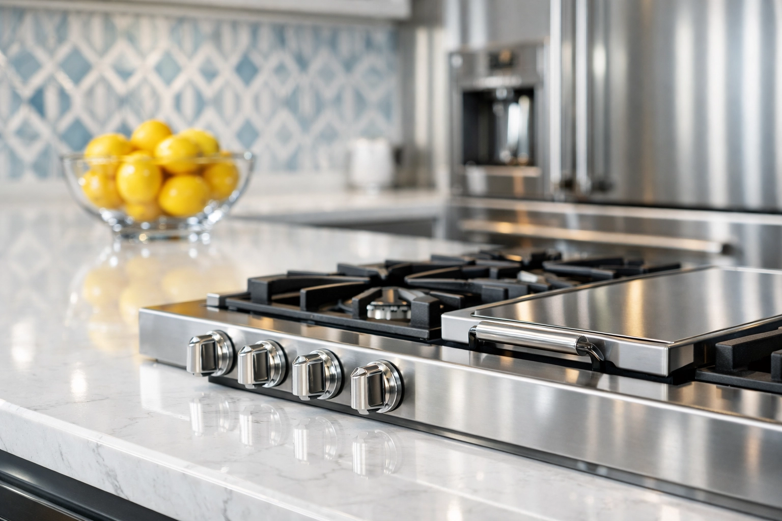 Deeply sanitized luxury kitchen surfaces and stovetop using professional House Cleaning Ashby MA techniques.