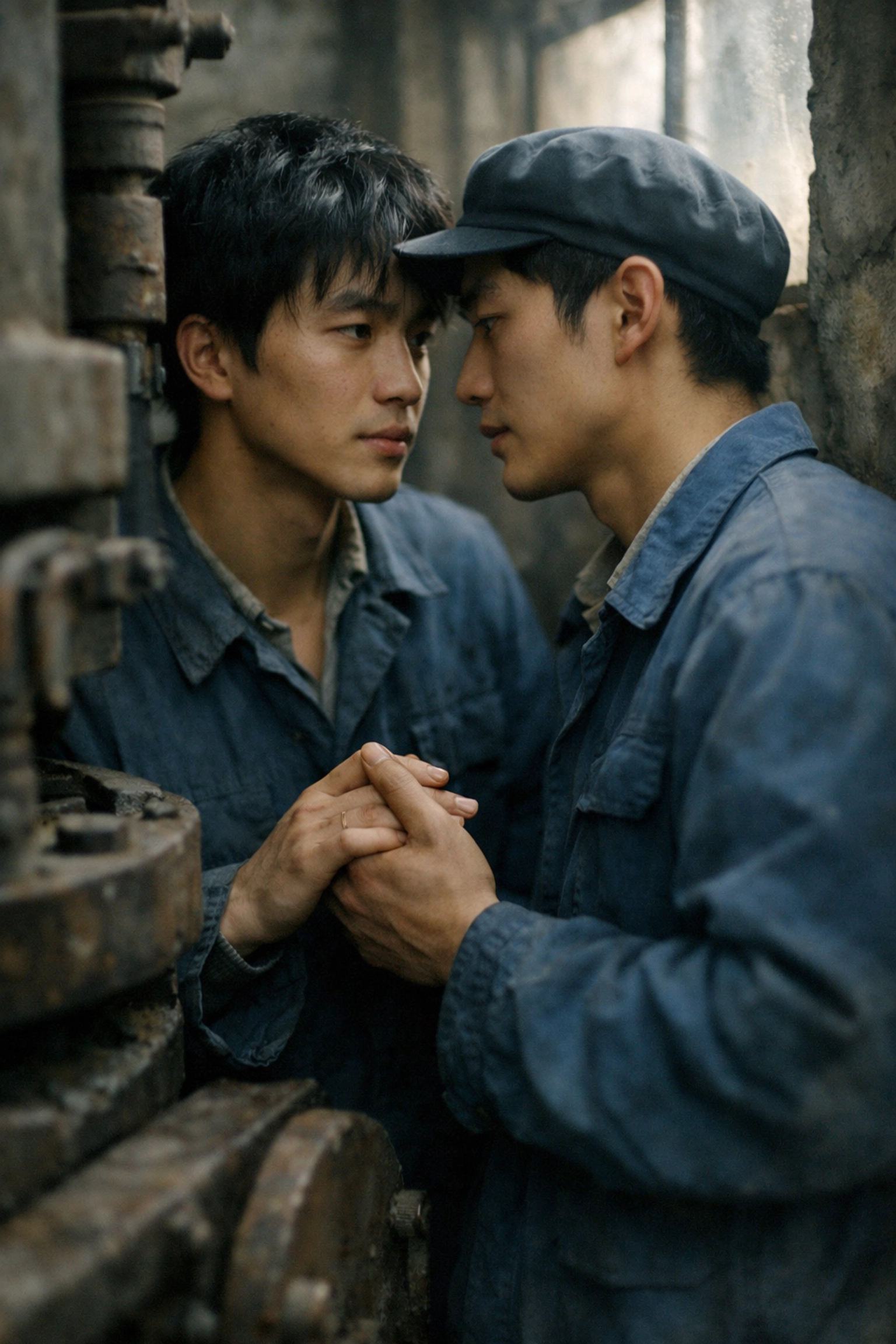 Two gay factory workers secretly holding hands during China's Cultural Revolution era
