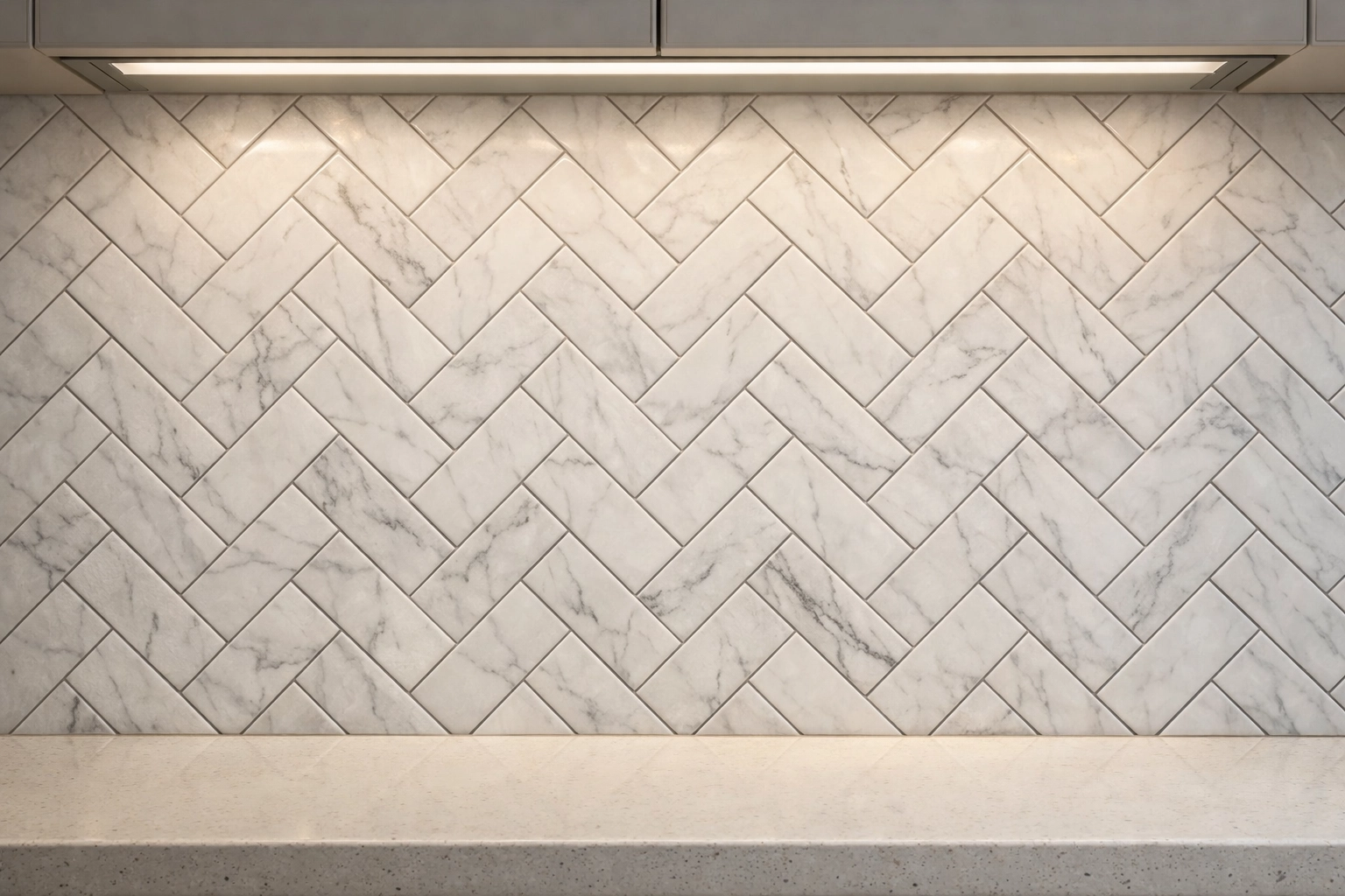 Custom marble herringbone backsplash showing professional tile installation in an Orlando kitchen.