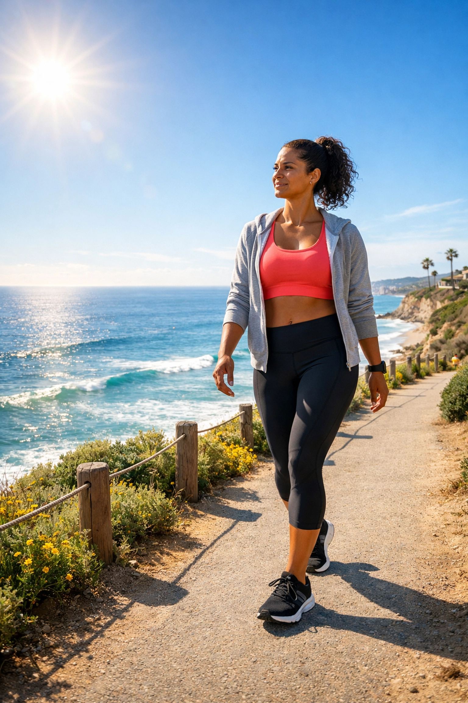 A person walking on a California coastal trail, highlighting an active lifestyle while using Tirzepatide.