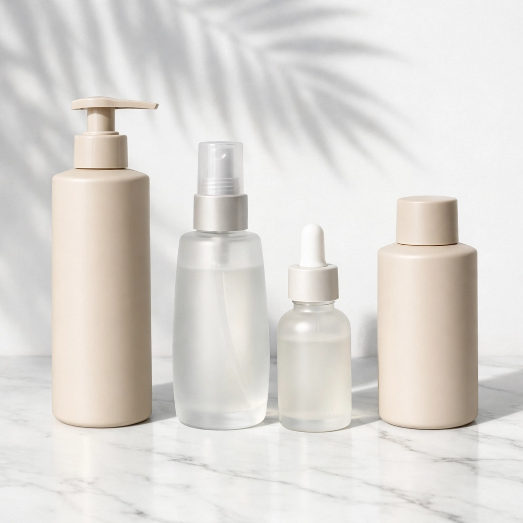 Professional salon-quality hair care products on a marble counter at a Concord NH hair salon.