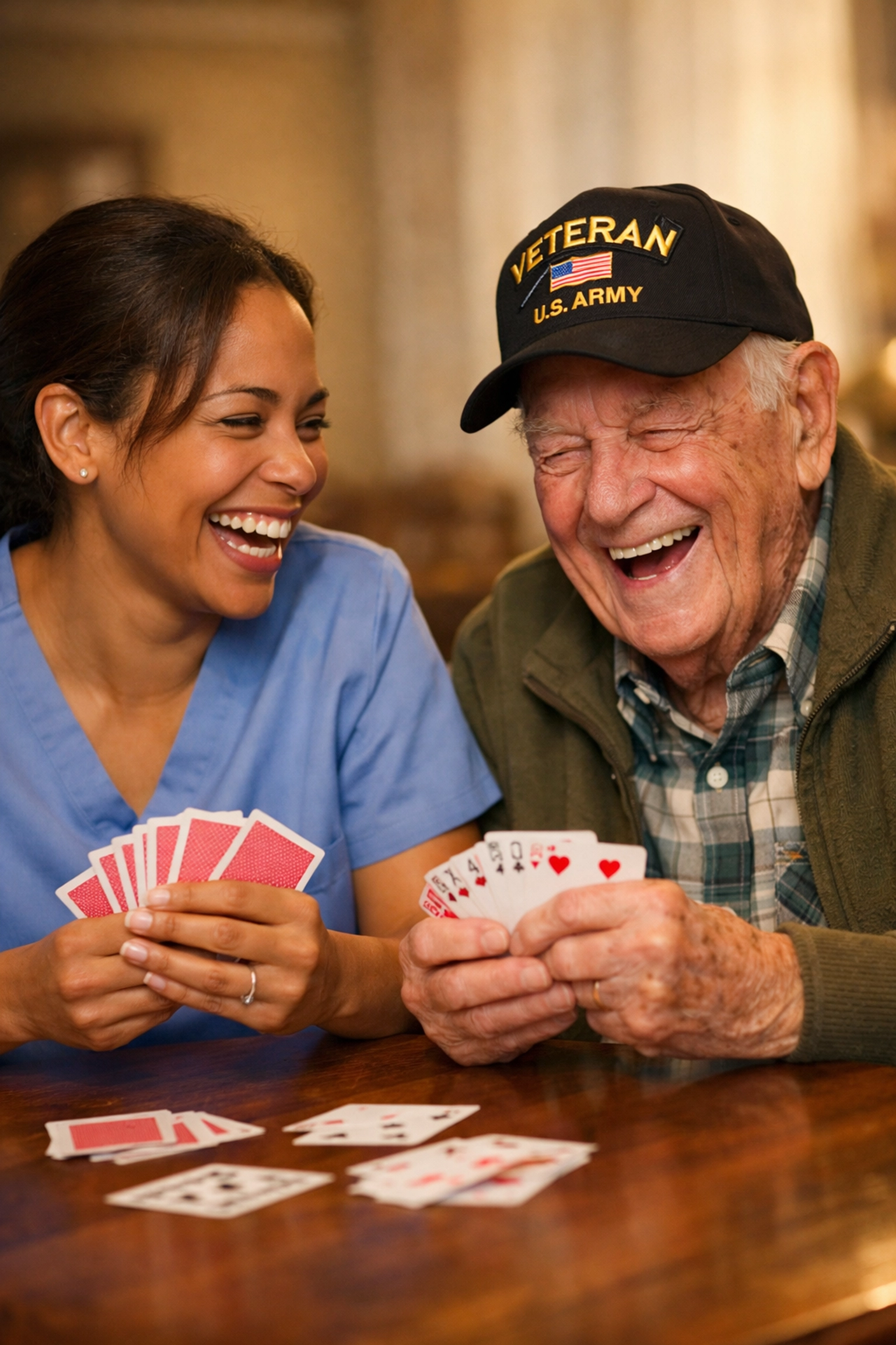 A senior veteran and caregiver enjoying a game together, showcasing companion care in Fauquier County.