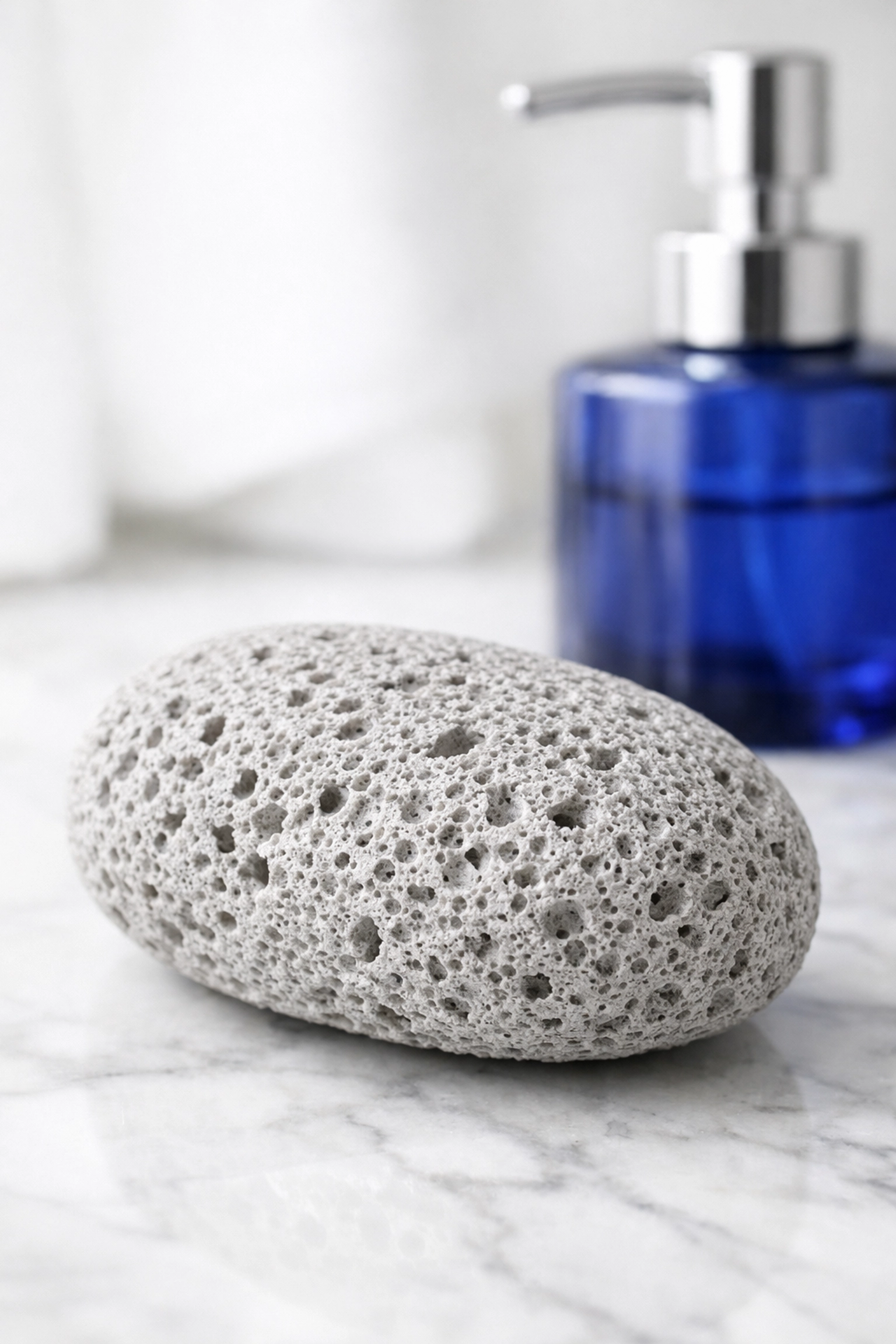 Natural porous pumice stone on a marble counter for removing hard water stains.