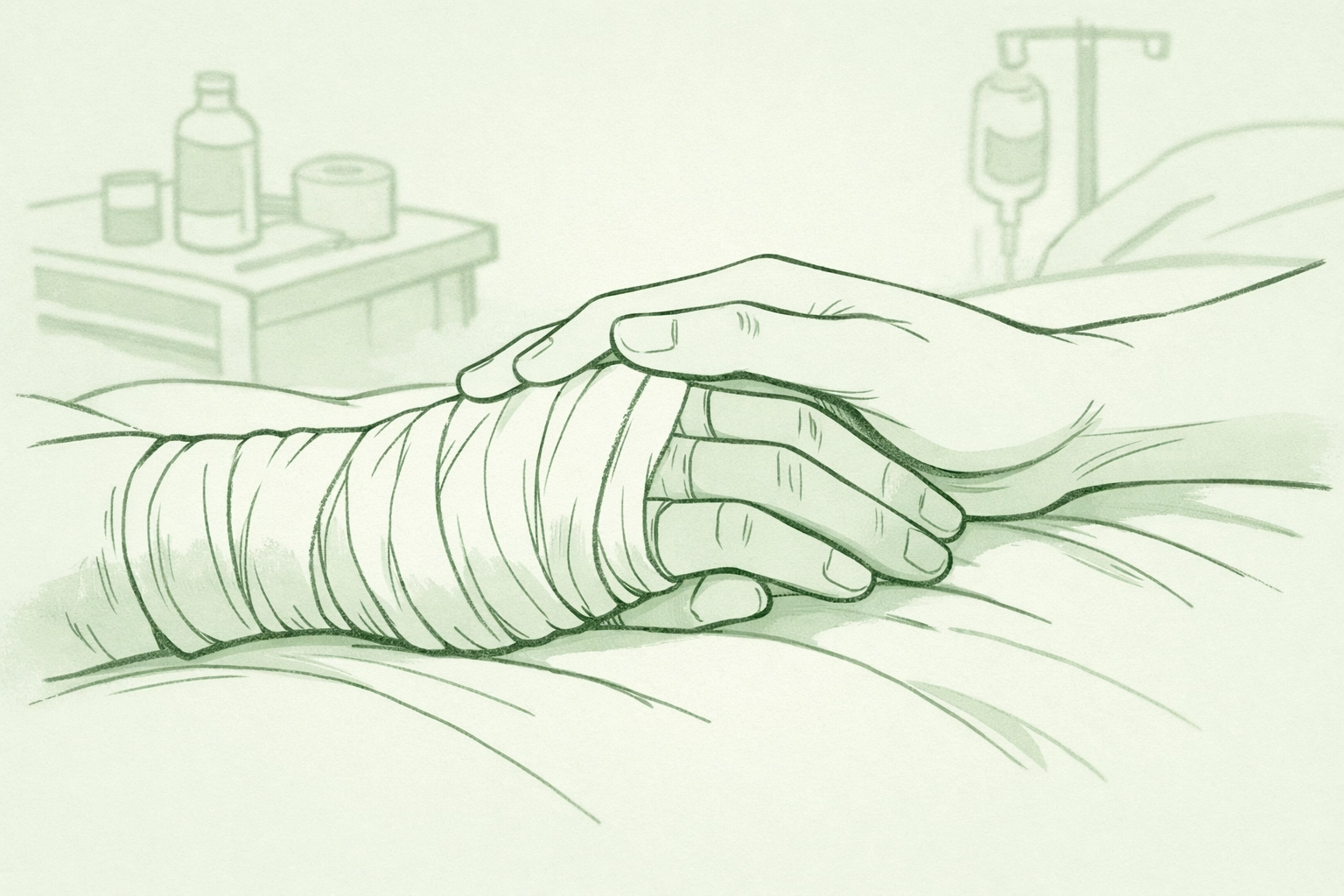 Injured hand held in support showing emotional depth in MM fiction aftermath of violence