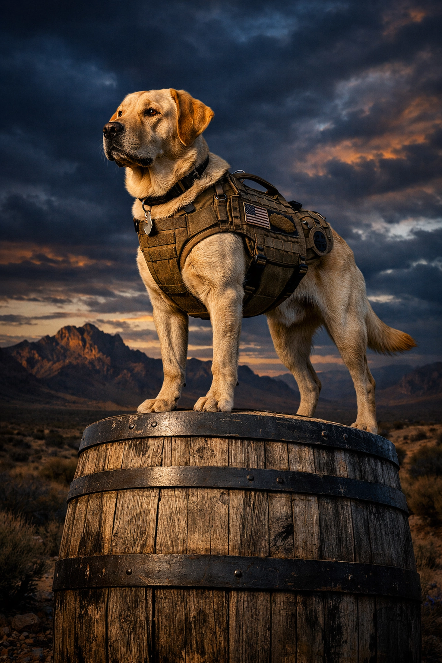 A loyal service dog in a tactical vest stands on a whiskey barrel in the Nevada desert landscape.