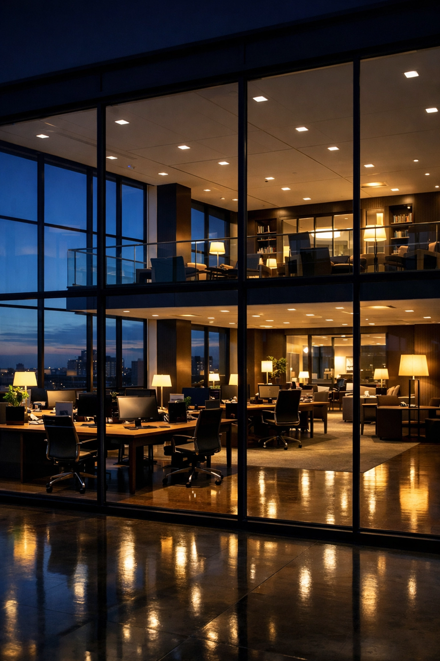 Thoroughly cleaned Holliston workspace at night prepared by a commercial cleaning Holliston team.