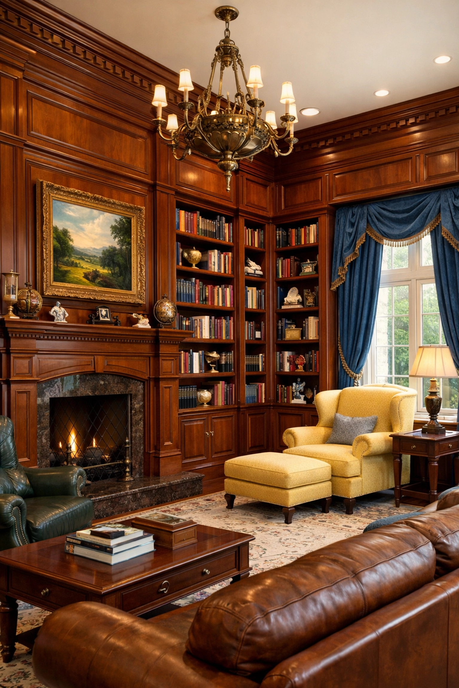Meticulously dusted library in a large Weston estate, emphasizing the need for regular professional cleaning.