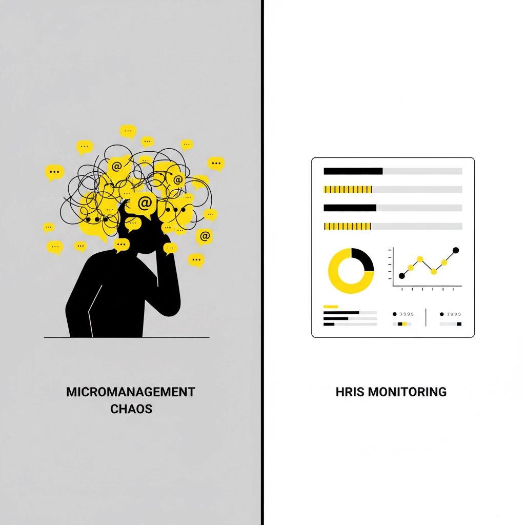 Split image: Left shows "Micromanagement Chaos" with a stressed figure and tangled icons. Right shows "HRIS Monitoring" with calm data graphs.