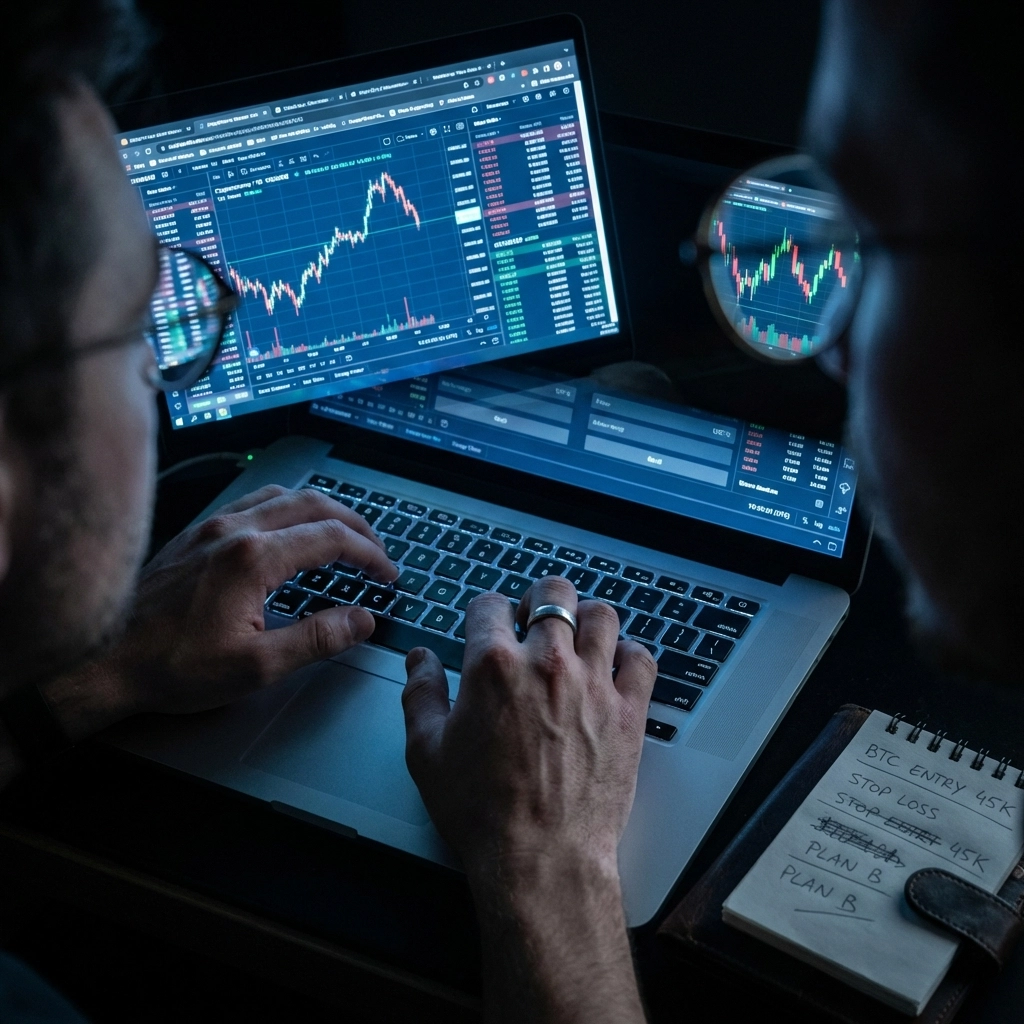 Trader analyzing cryptocurrency charts on a laptop, highlighting risk management in high leverage trading