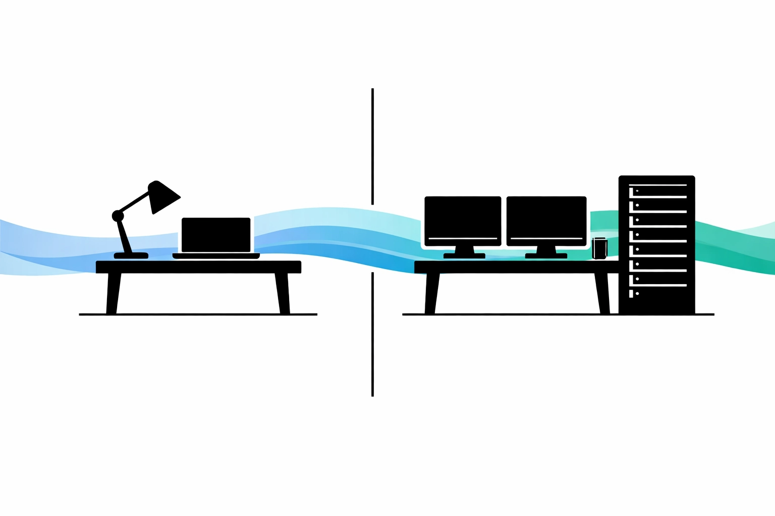 Minimalist graphic comparing home and office setups to analyze hybrid workforce productivity.