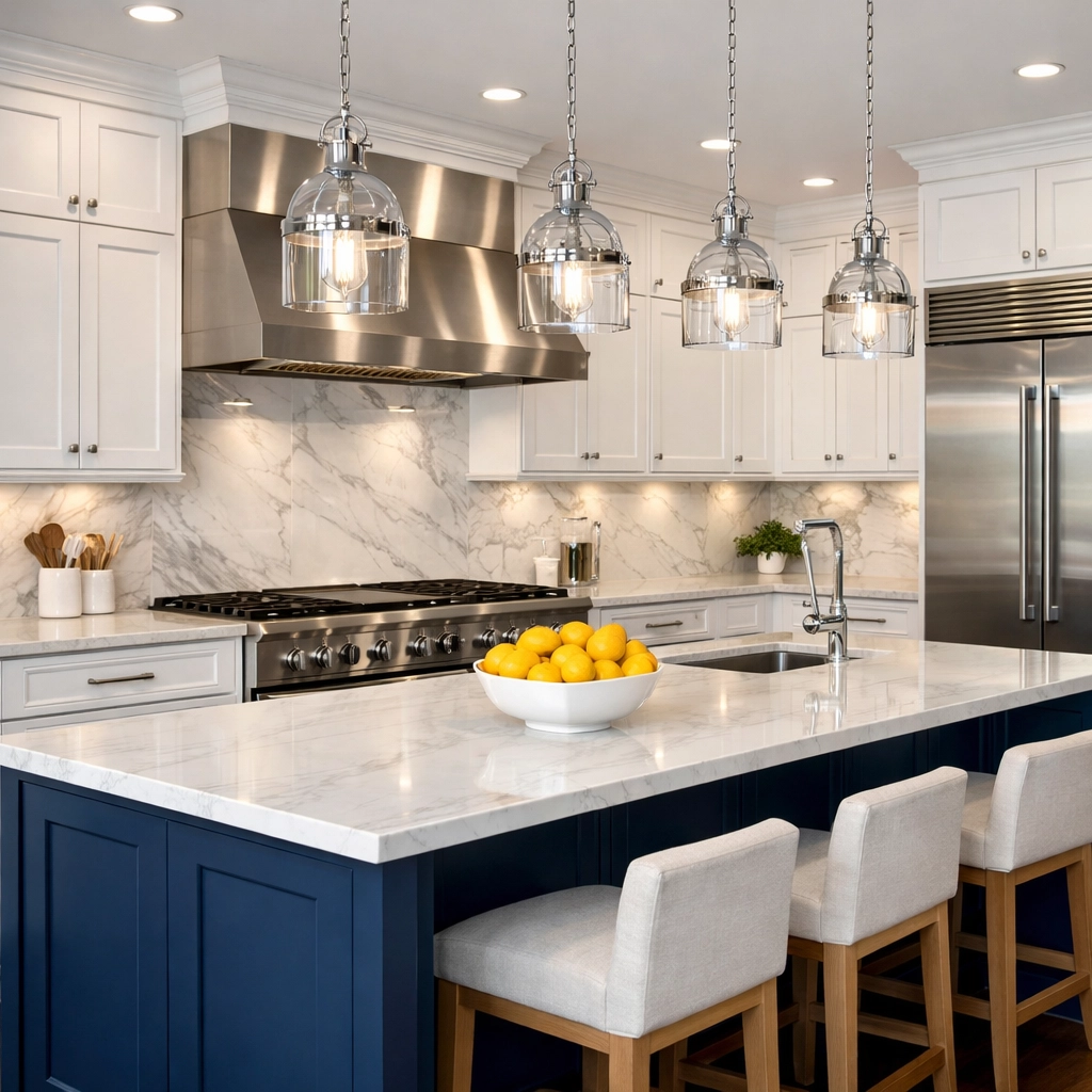 A dust-free luxury kitchen in Massachusetts after expert post-construction cleaning MA services.