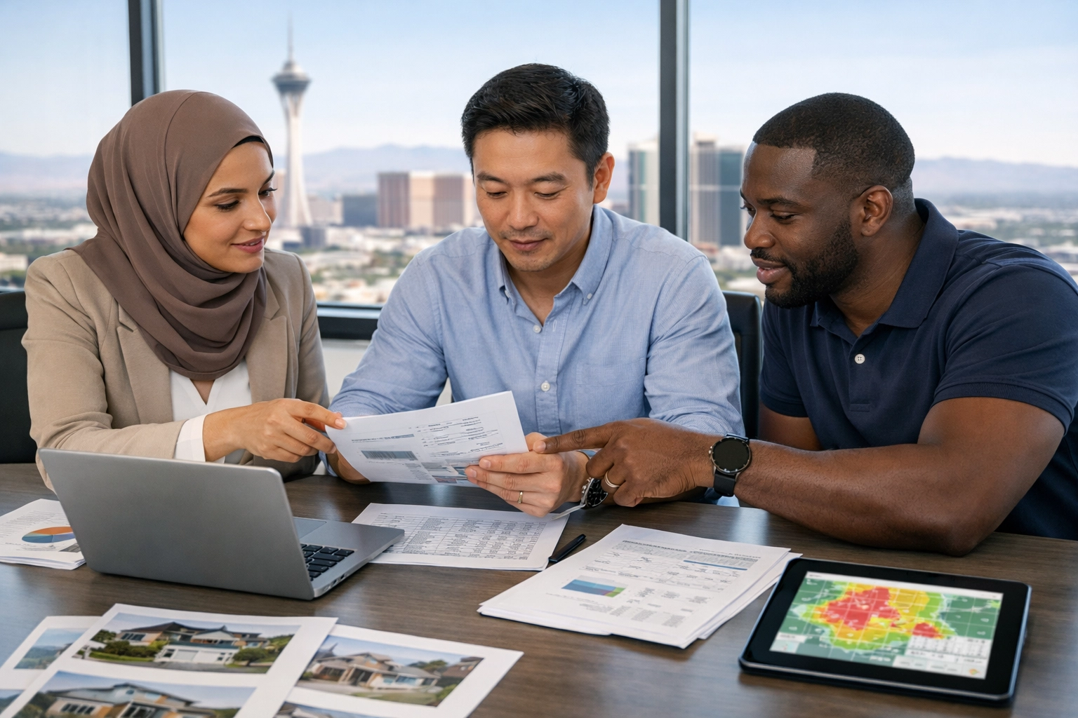 Real estate investors analyzing property documents and market data for Las Vegas investment portfolio