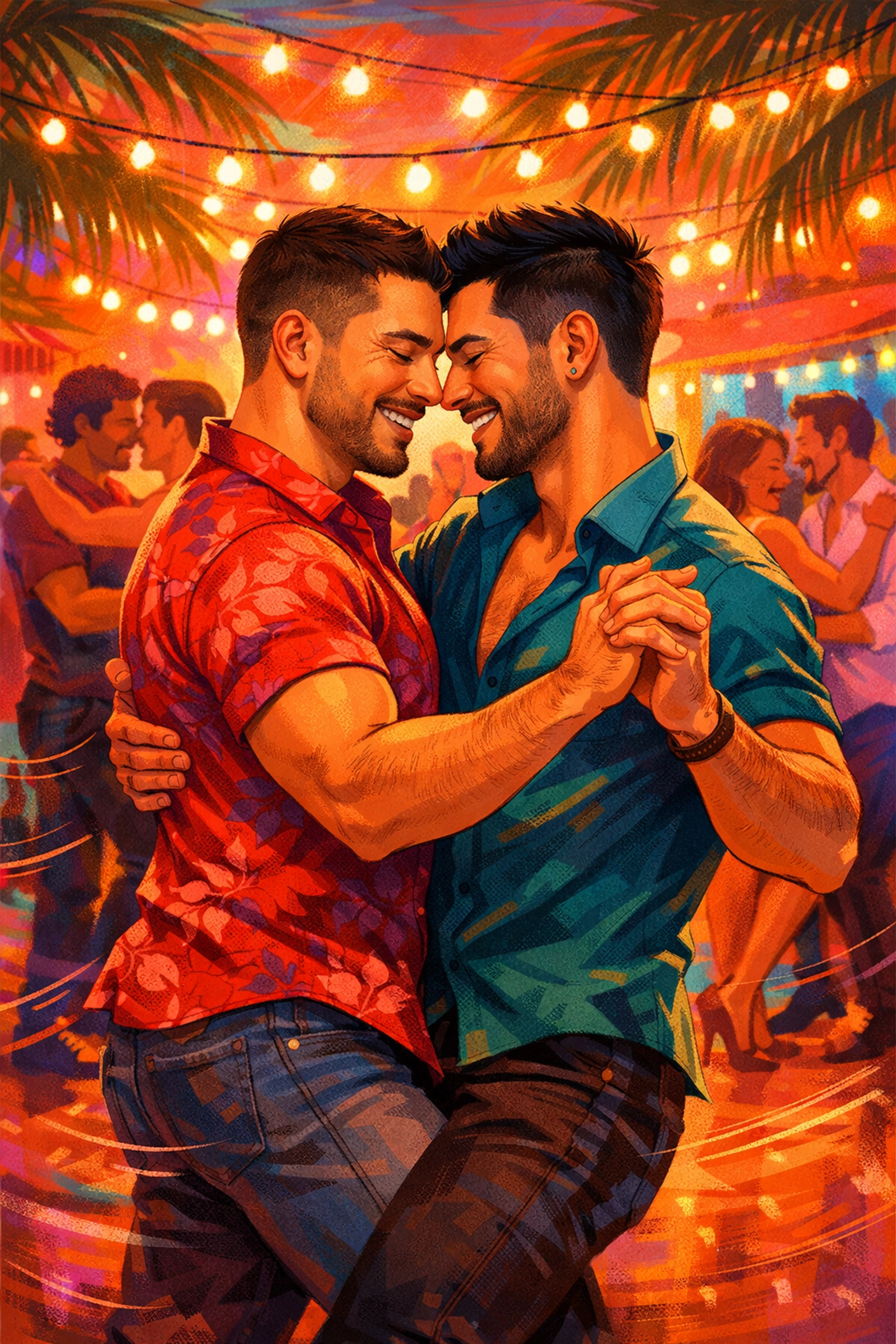 Two men dancing bachata at Caribbean club - joyful gay romance through dance