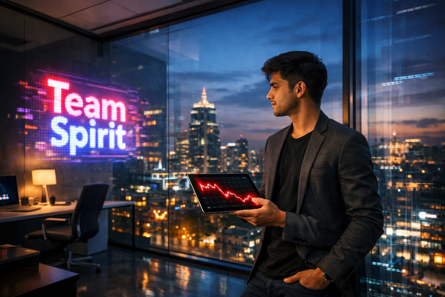 Gen Z business professional in Bengaluru analyzing a volatile market trend graph amid global economic shifts.