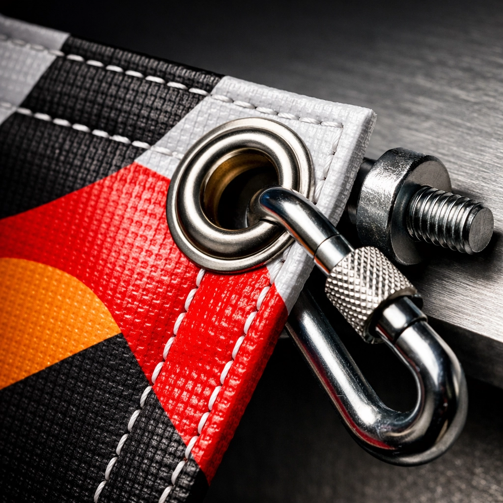 Close-up of reinforced grommet installation and hemming on custom vinyl banner