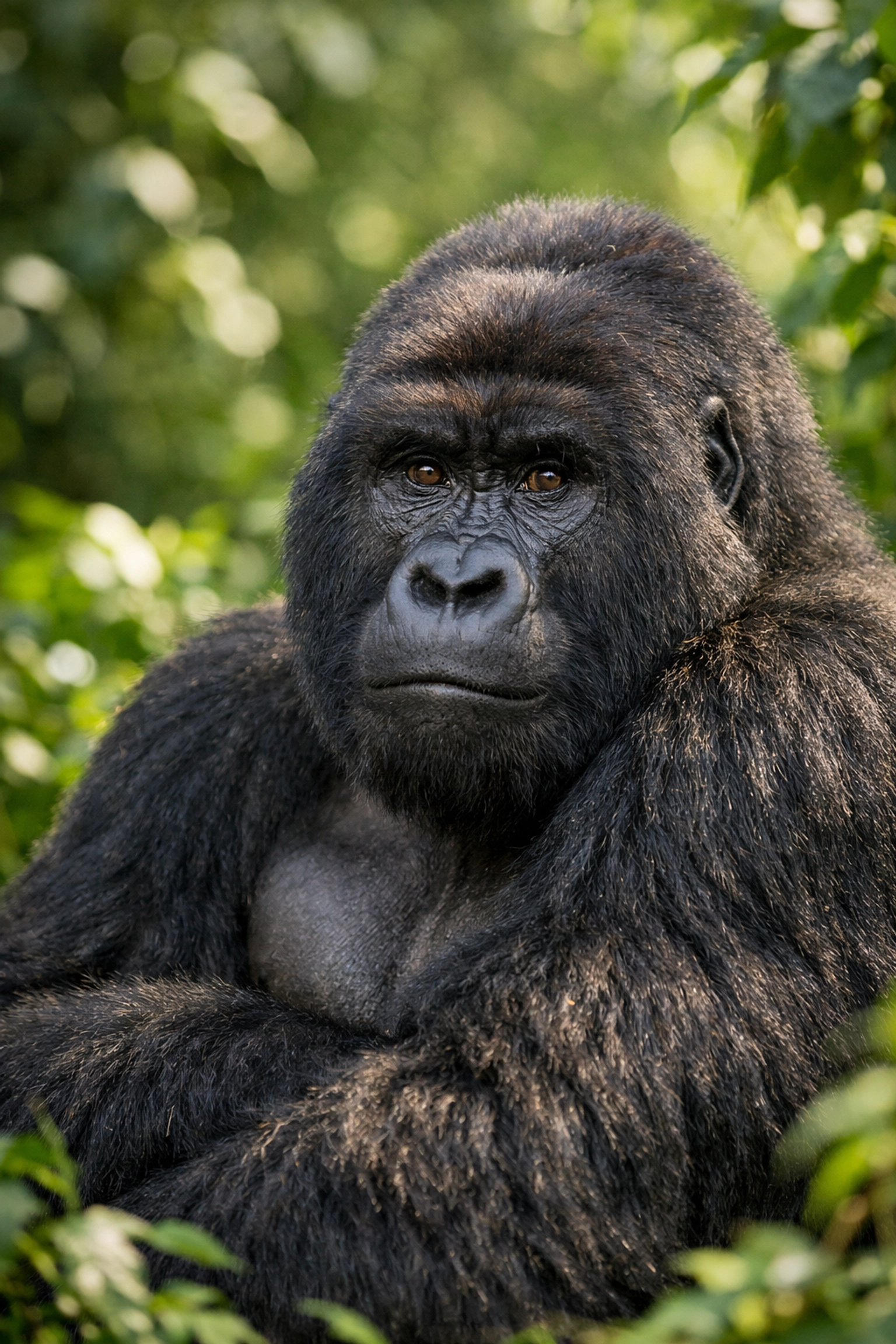 A professional close-up portrait of a mountain gorilla in a lush habitat for a sponsored species spotlight.