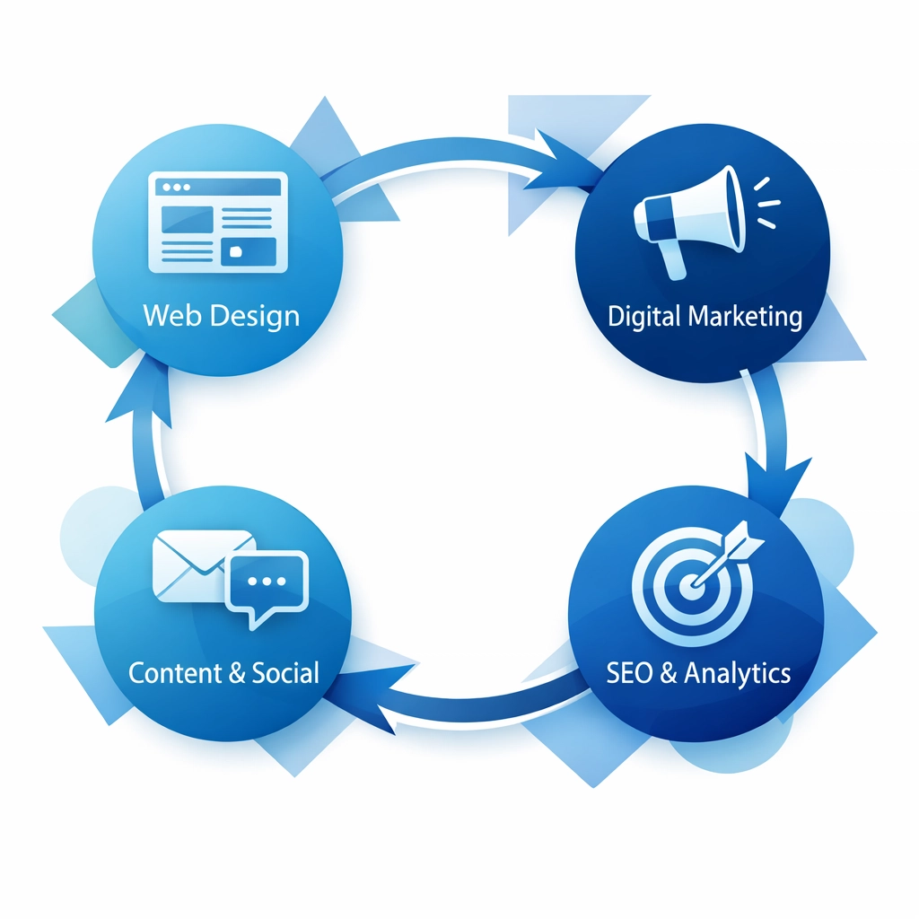 Integrated workflow cycle connecting web design and digital marketing strategies
