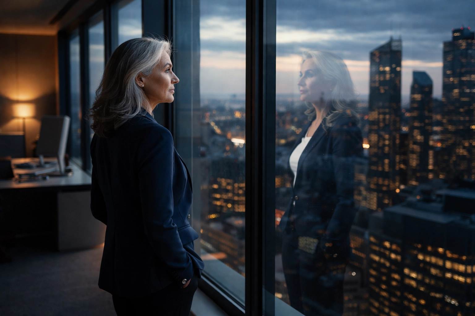 Female executive gazes at city skyline from office window, reflecting on AI leadership and cultural stewardship